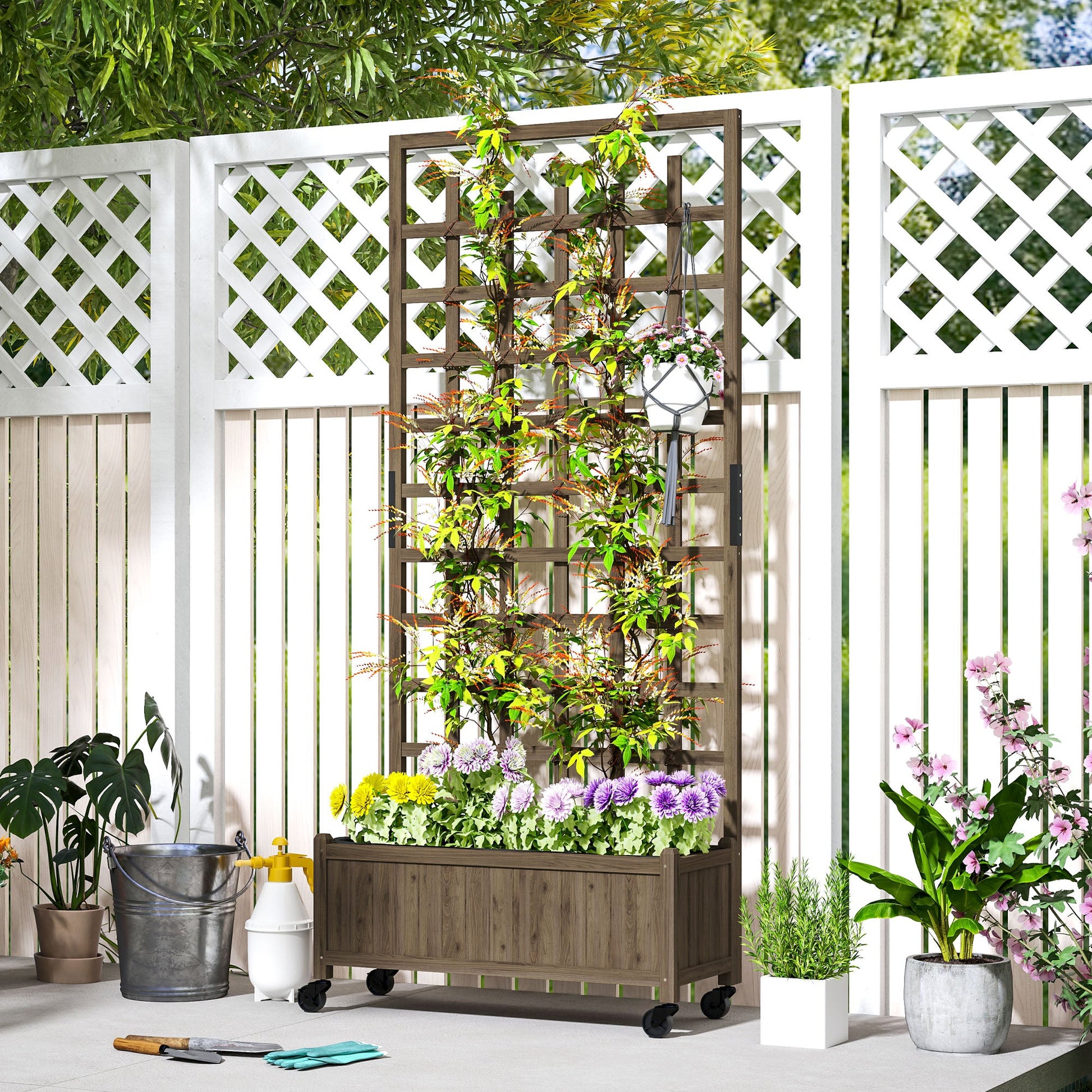 Wooden Trellis Planter, Raised Beds for Garden with Wheels and Drainage Holes, Privacy Screen Planter Box to Grow Vegetables, Herbs and Flowers for Garden, Patio, Deck, Brown