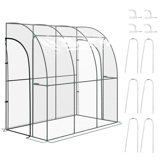 Walk-In Greenhouse with Zipped Roll Up Doors, Lean-to Small Greenhouse with Plastic Cover and Sloping Top for Flowers, Vegetables and Herbs, 214cm x 118cm x 212cm, Clear