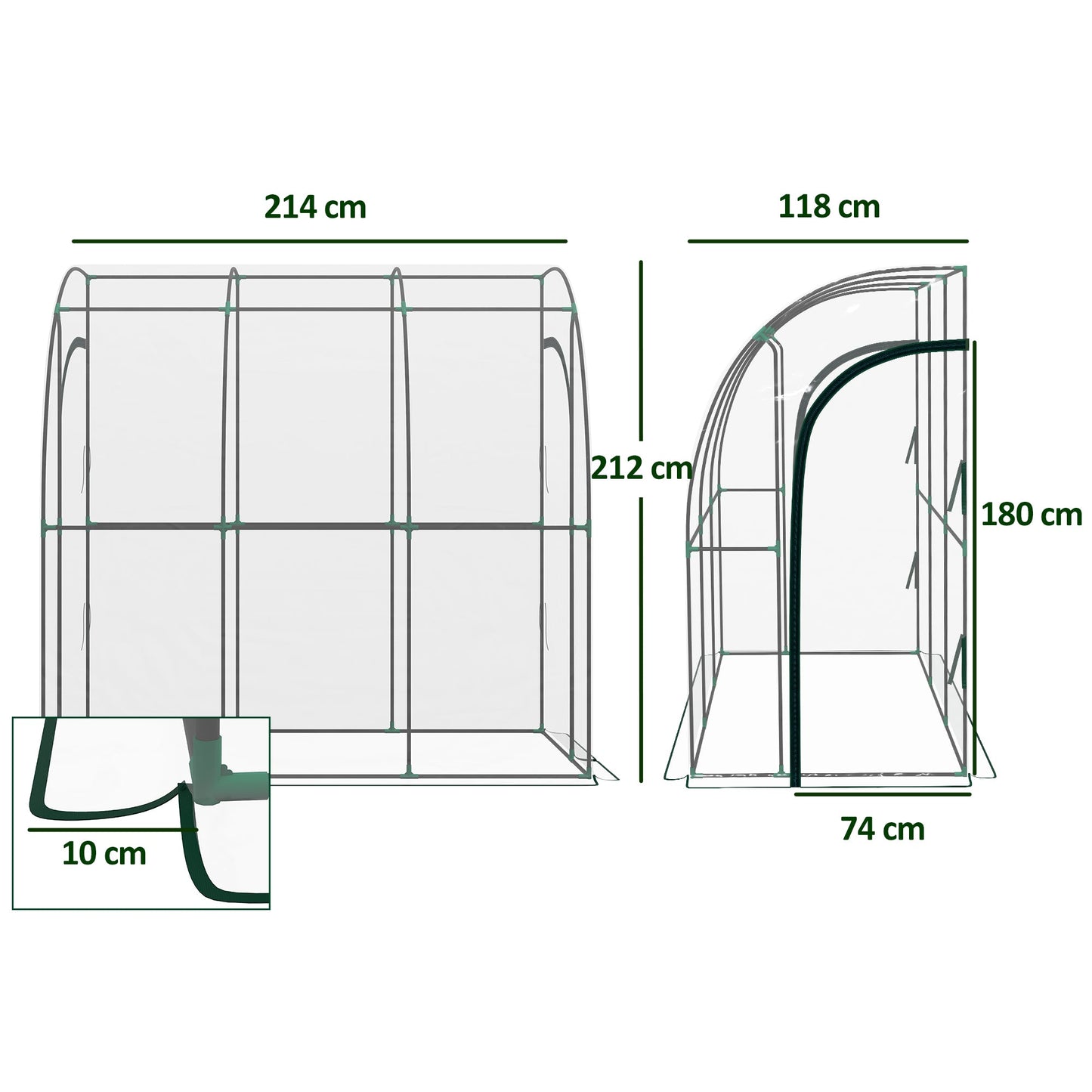 Walk-In Greenhouse with Zipped Roll Up Doors, Lean-to Small Greenhouse with Plastic Cover and Sloping Top for Flowers, Vegetables and Herbs, 214cm x 118cm x 212cm, Clear