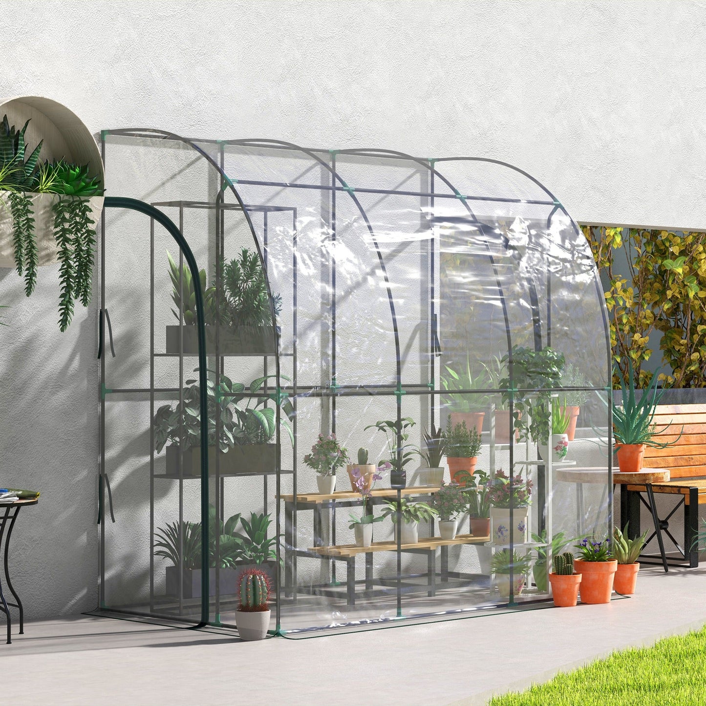 Walk-In Greenhouse with Zipped Roll Up Doors, Lean-to Small Greenhouse with Plastic Cover and Sloping Top for Flowers, Vegetables and Herbs, 214cm x 118cm x 212cm, Clear
