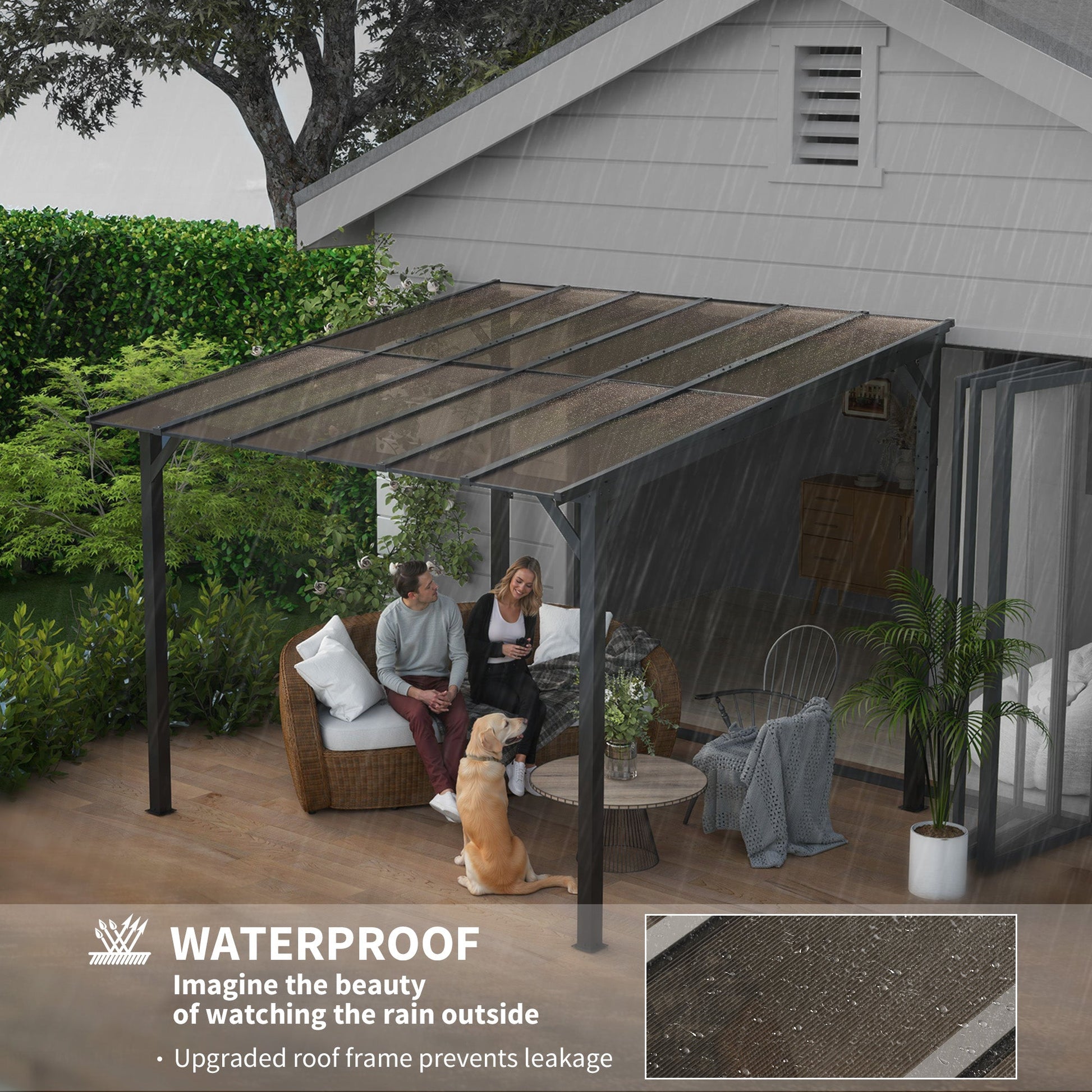 3 x 3(m) Metal Pergola with UPF 50+ and Waterproof Polycarbonate Roof, Wall-Mounted or Free Standing Garden Gazebo, Wind-resistant Outdoor Sun Shade, Dark Grey
