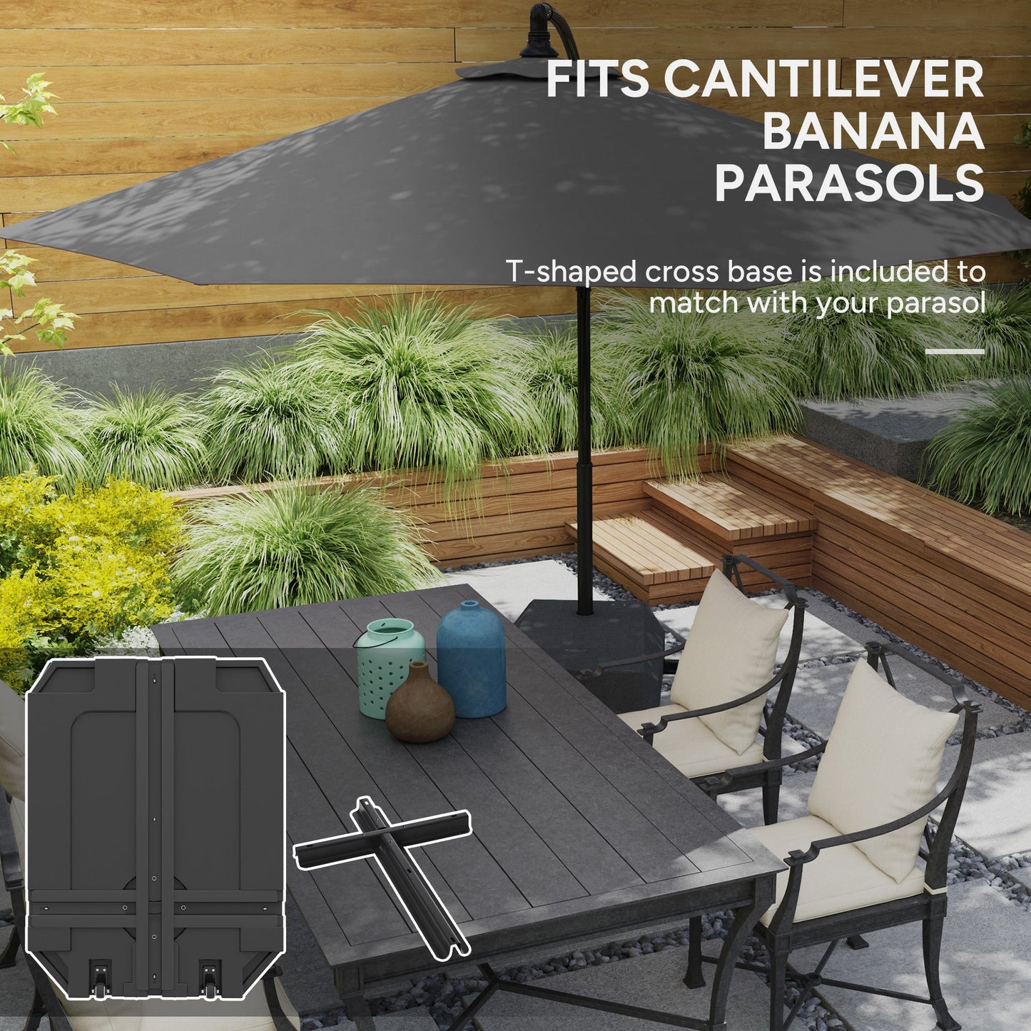 90kg Cantilever Parasol Base with Wheels, Water and Sand Filled Umbrella Stand Weights for Garden Banana Parasol with T-shaped Cross Base and Handle, Black