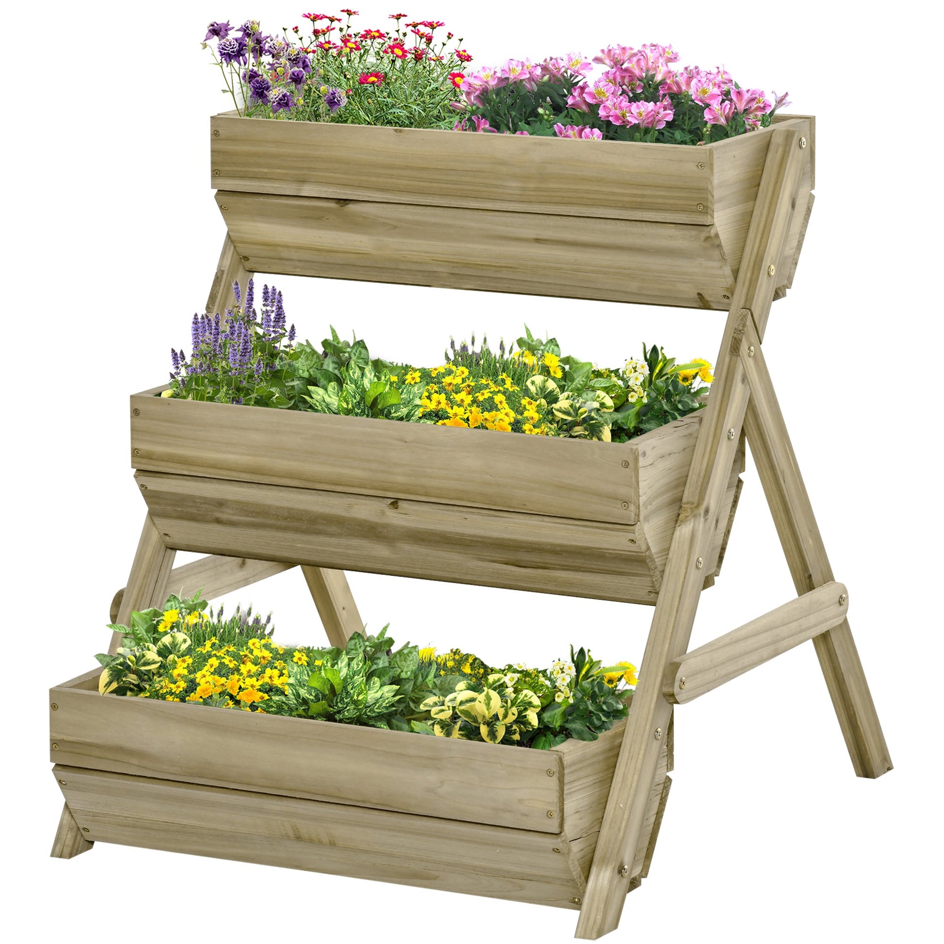 3 Tier 66L Raised Garden Bed Wooden Elevated Planter Box Kit for Flower, Vegetable, Herb, 65 x 75 x 76cm, Green