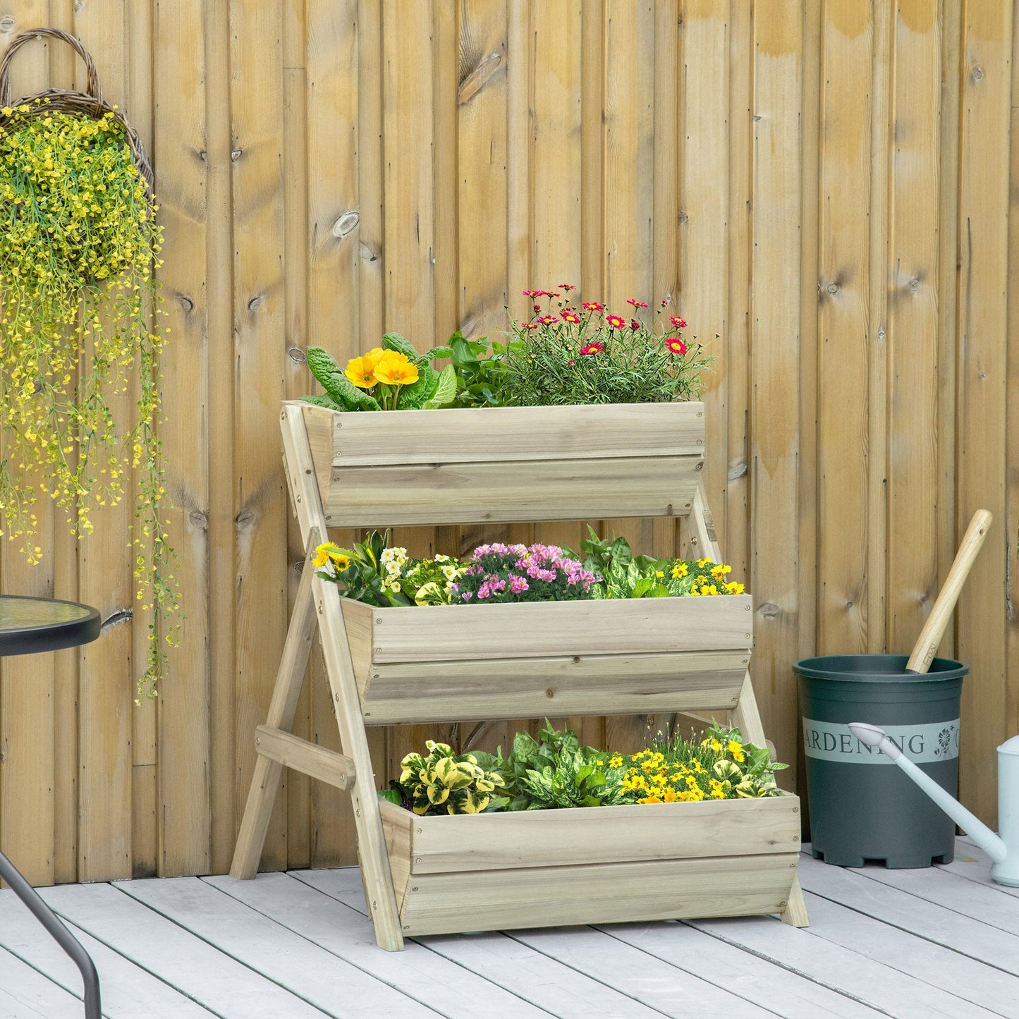 3 Tier 66L Raised Garden Bed Wooden Elevated Planter Box Kit for Flower, Vegetable, Herb, 65 x 75 x 76cm, Green
