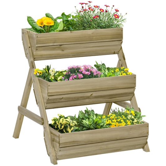 3 Tier 66L Raised Garden Bed Wooden Elevated Planter Box Kit for Flower, Vegetable, Herb, 65 x 75 x 76cm, Green