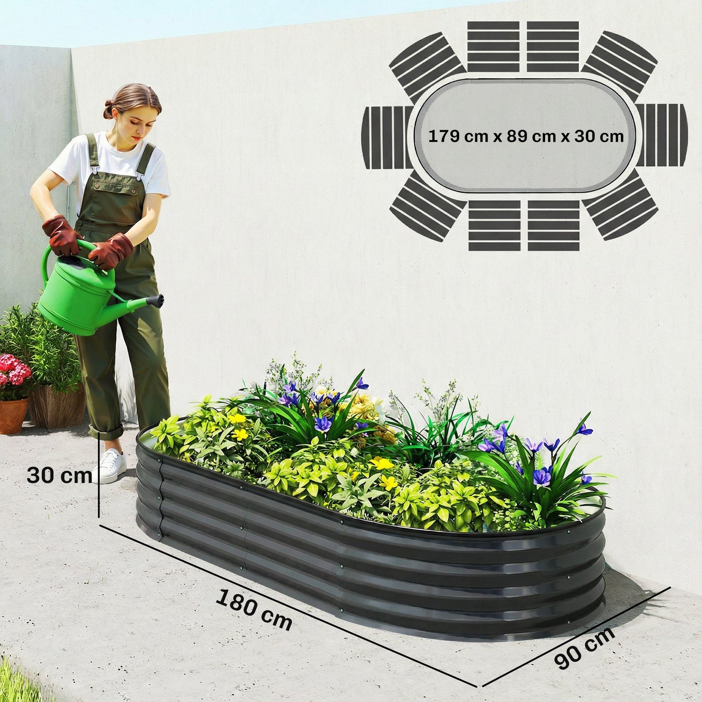 Galvanised Raised Beds for Garden, Metal Elevated Planter Box with Safety Edging, Easy DIY for Growing Flowers, Herbs, Succulents, 180 x 90 x 30cm, Dark Grey