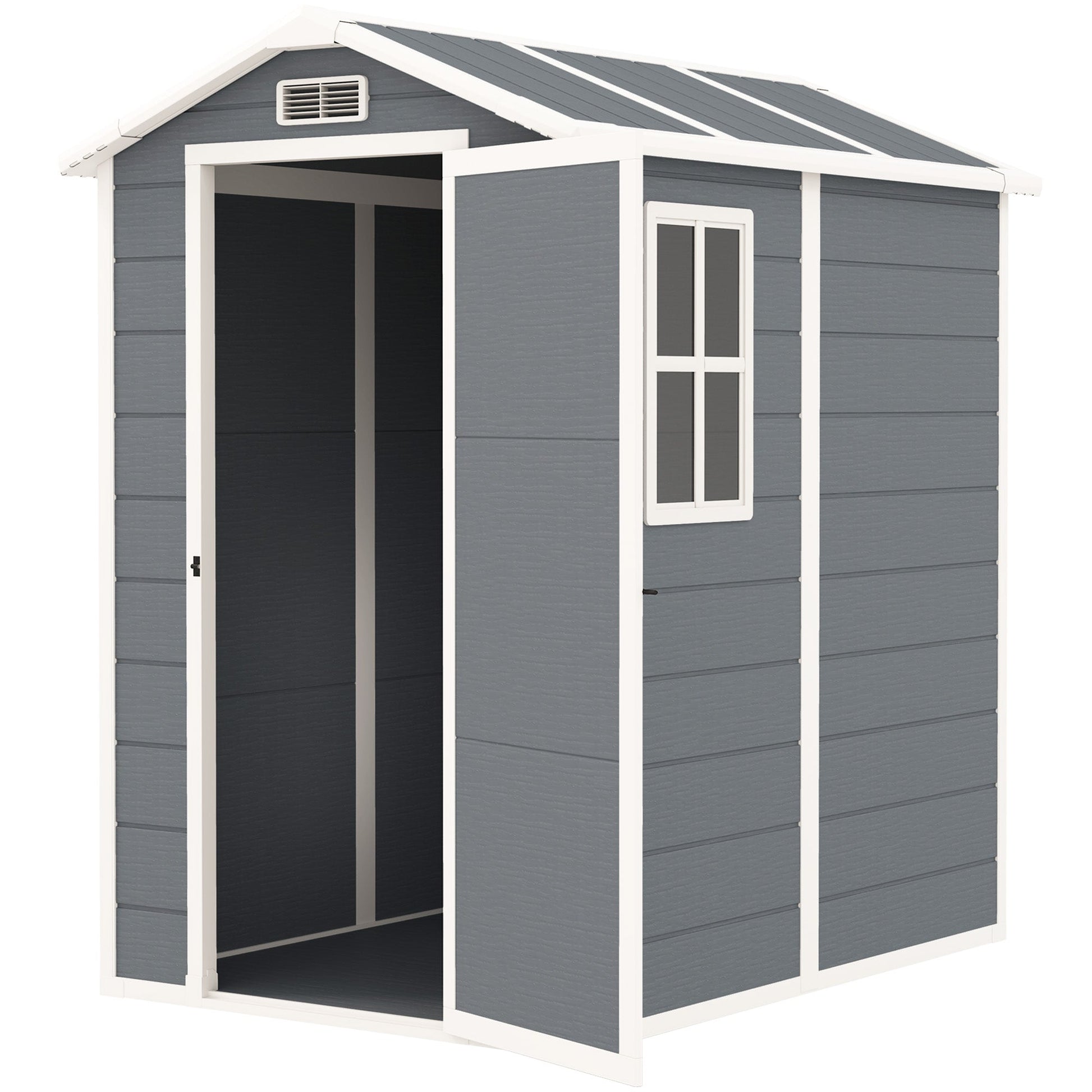 4 x 6ft Garden Shed, Plastic Shed with Floor, Window, Lockable Door and Vents, Resin Tool Shed for Outdoor Patio Storage, Zero Maintenance, Grey