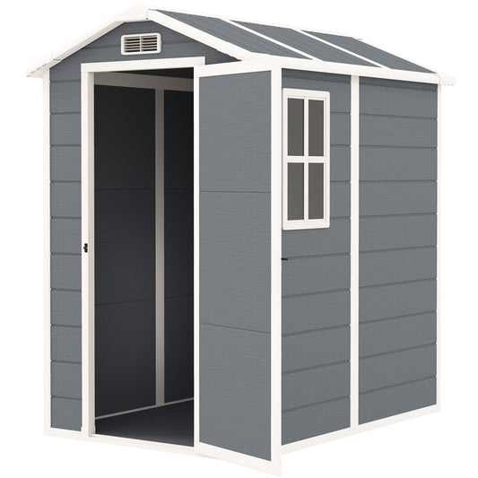 4 x 6ft Garden Shed, Plastic Shed with Floor, Window, Lockable Door and Vents, Resin Tool Shed for Outdoor Patio Storage, Zero Maintenance, Grey