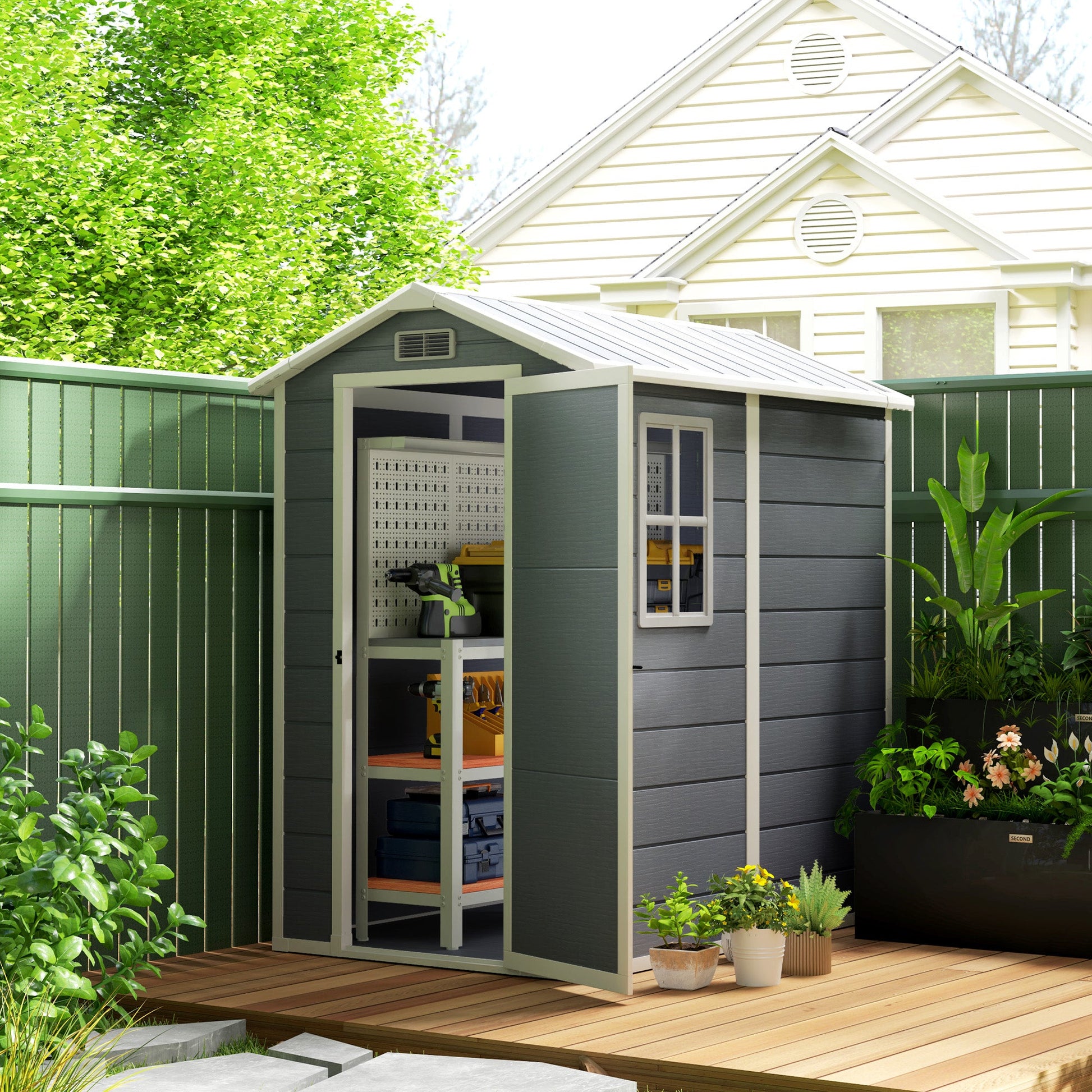 4 x 6ft Garden Shed, Plastic Shed with Floor, Window, Lockable Door and Vents, Resin Tool Shed for Outdoor Patio Storage, Zero Maintenance, Grey
