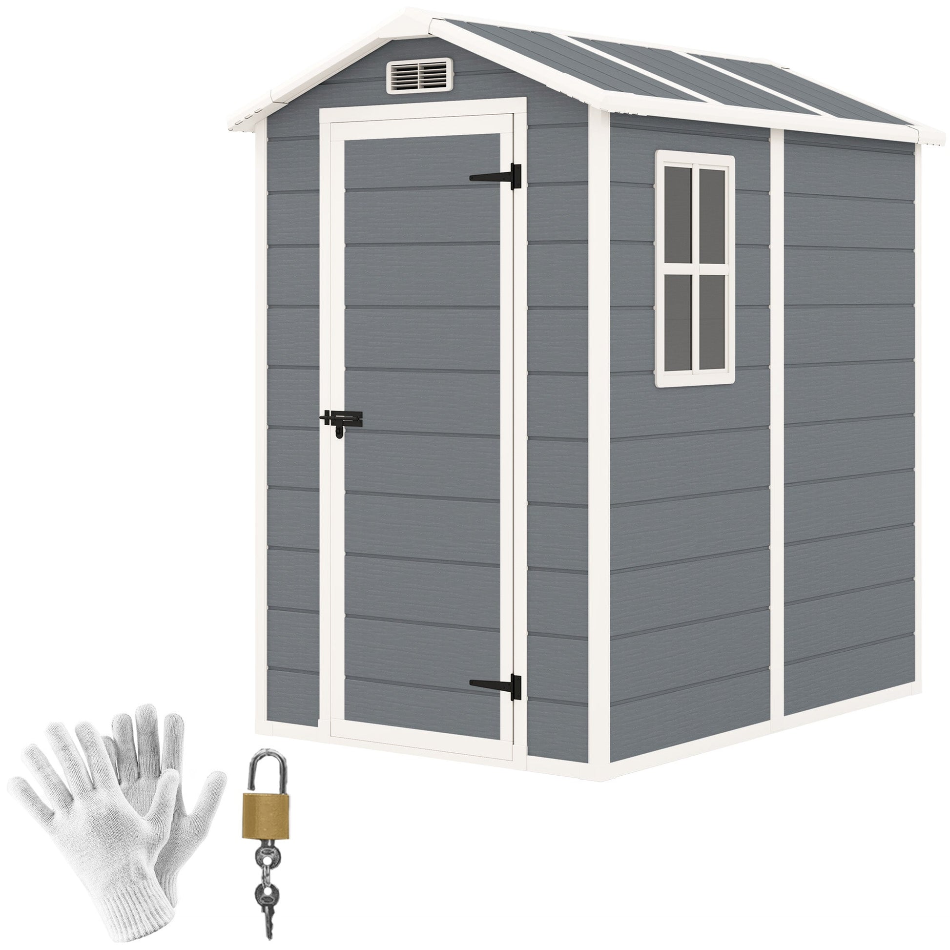 4 x 6ft Garden Shed, Plastic Shed with Floor, Window, Lockable Door and Vents, Resin Tool Shed for Outdoor Patio Storage, Zero Maintenance, Grey