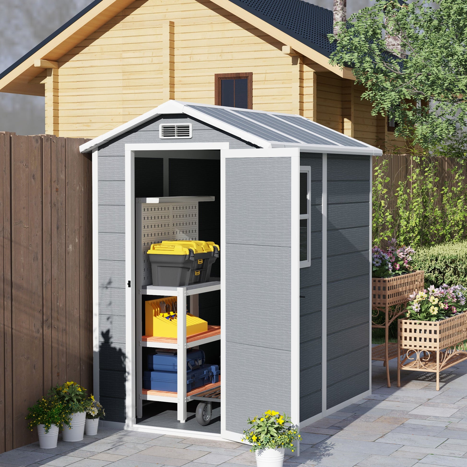 4 x 6ft Garden Shed, Plastic Shed with Floor, Window, Lockable Door and Vents, Resin Tool Shed for Outdoor Patio Storage, Zero Maintenance, Grey