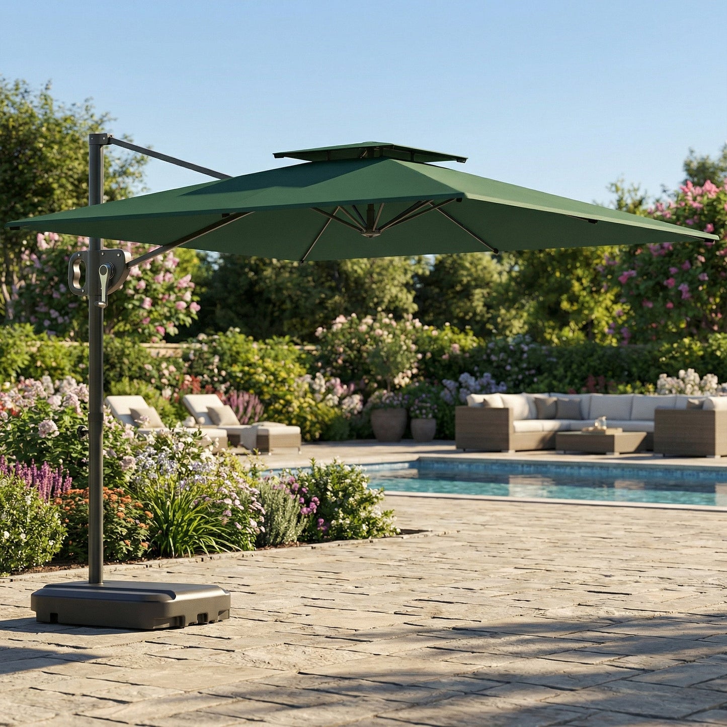 2.5m Garden Cantilever Parasol with Fillable Base, Up to 45kg, Double Top Garden Parasol, Square Overhanging Patio Umbrella with Crank Handle and Tilt for Outdoor Sun Shade, Dark Green