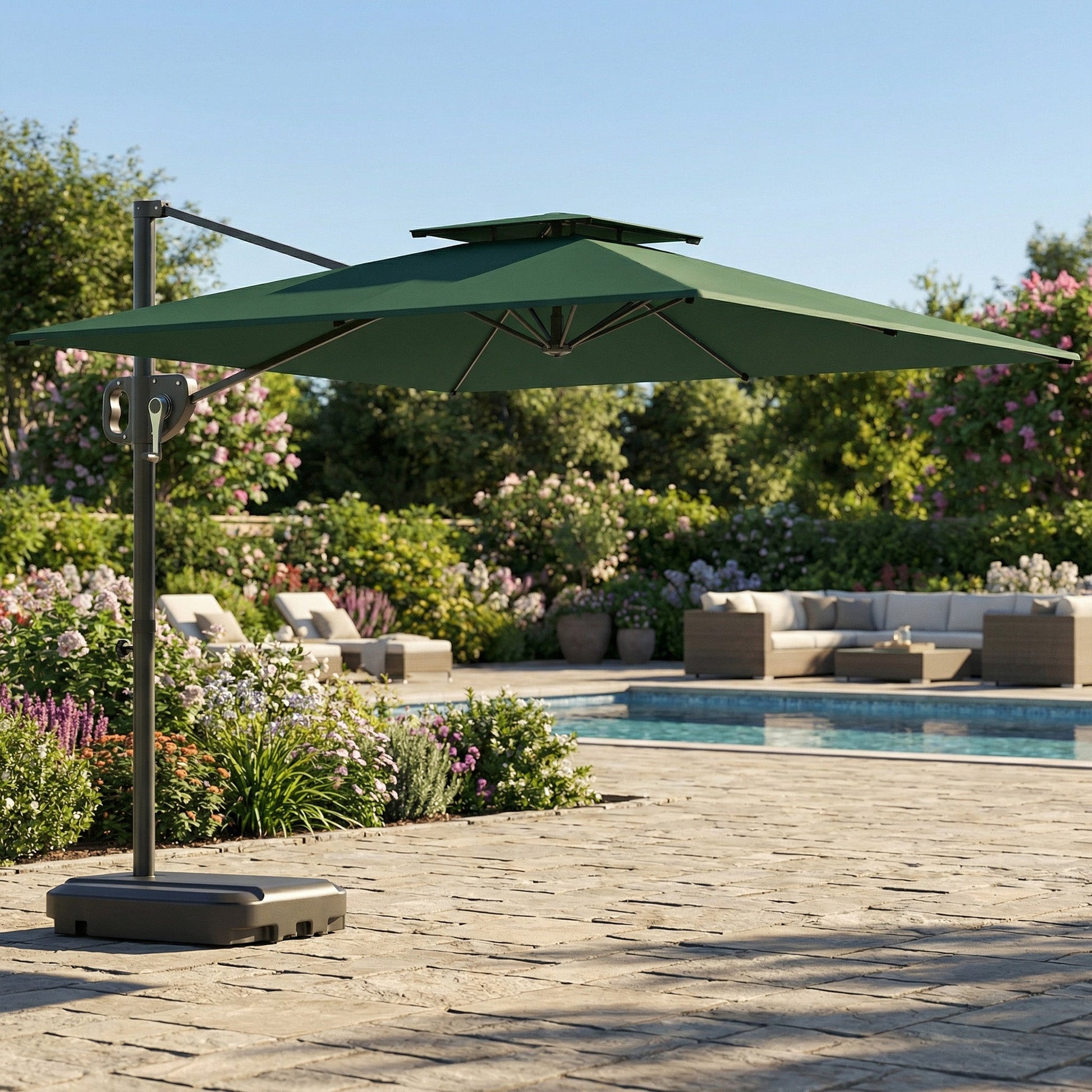 2.5m Garden Cantilever Parasol with Fillable Base, Up to 45kg, Double Top Garden Parasol, Square Overhanging Patio Umbrella with Crank Handle and Tilt for Outdoor Sun Shade, Dark Green