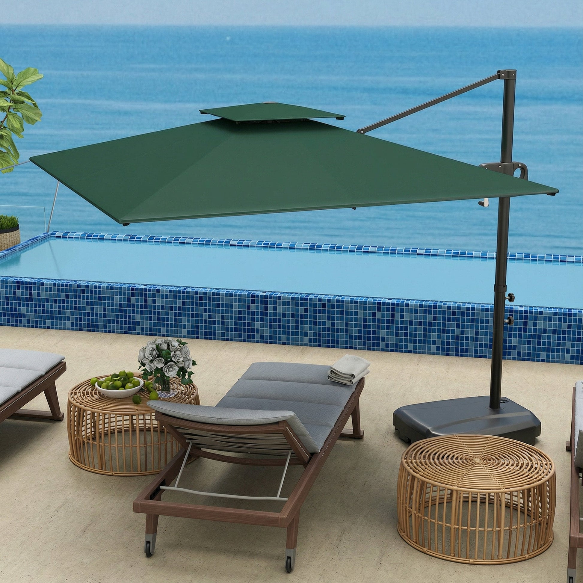 2.5m Garden Cantilever Parasol with Fillable Base, Up to 45kg, Double Top Garden Parasol, Square Overhanging Patio Umbrella with Crank Handle and Tilt for Outdoor Sun Shade, Dark Green