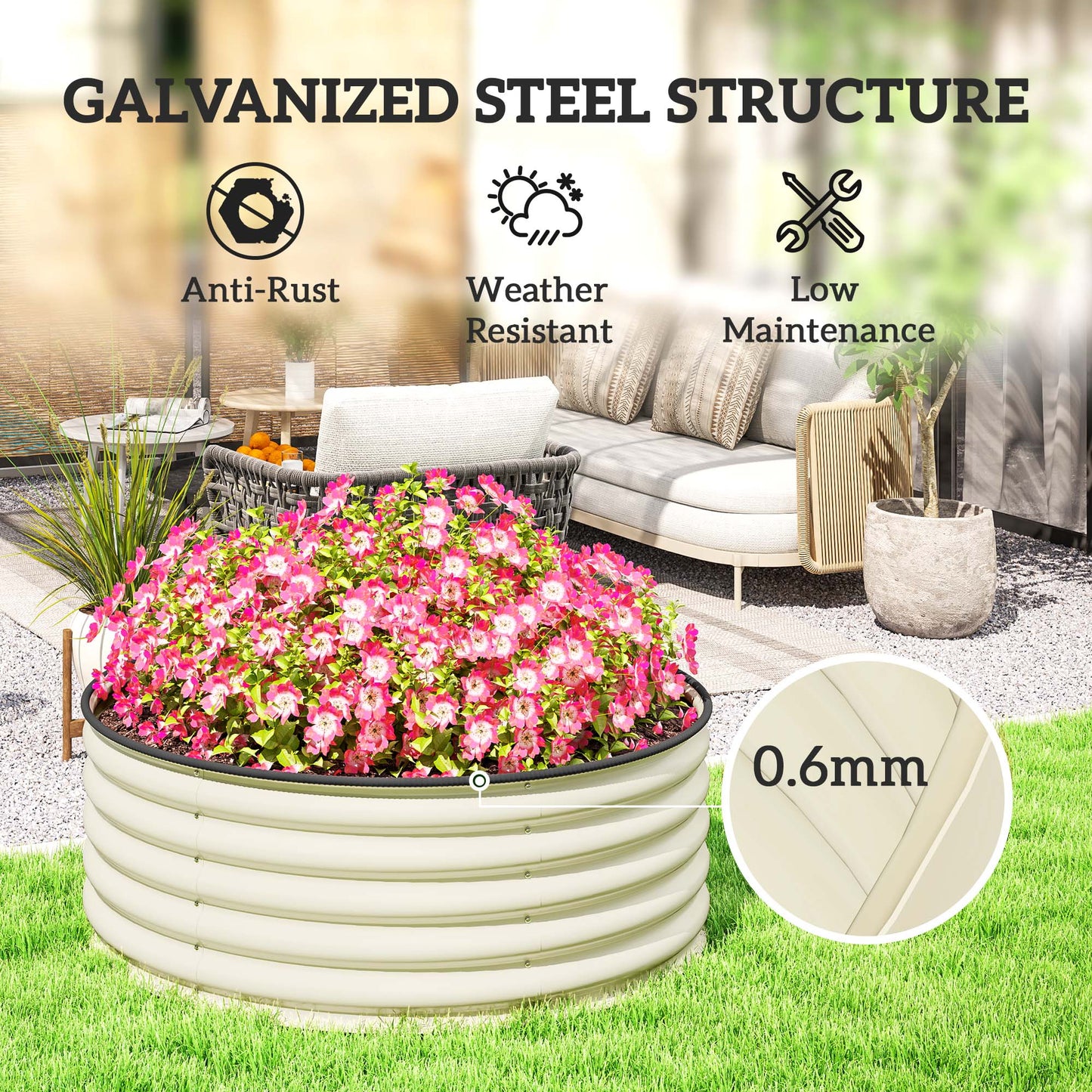 Galvanised Raised Garden Bed with Safety Edging, Outdoor Raised Planter Box with Gloves and Open Bottom, Metal Raised Bed for Flowers, Vegetables and Herbs, 120 x 120 x 43cm, Cream White
