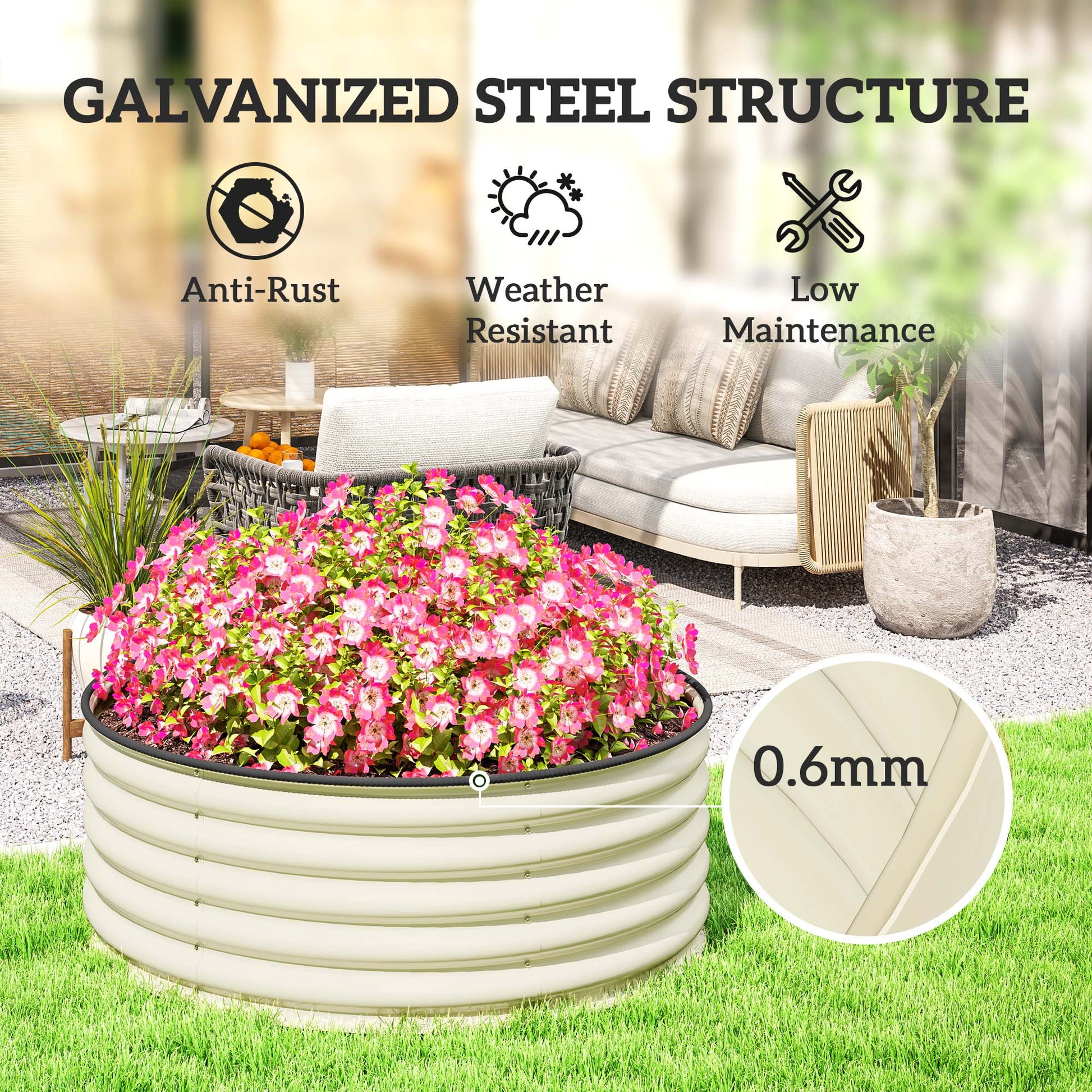 Galvanised Raised Garden Bed with Safety Edging, Outdoor Raised Planter Box with Gloves and Open Bottom, Metal Raised Bed for Flowers, Vegetables and Herbs, 120 x 120 x 43cm, Cream White