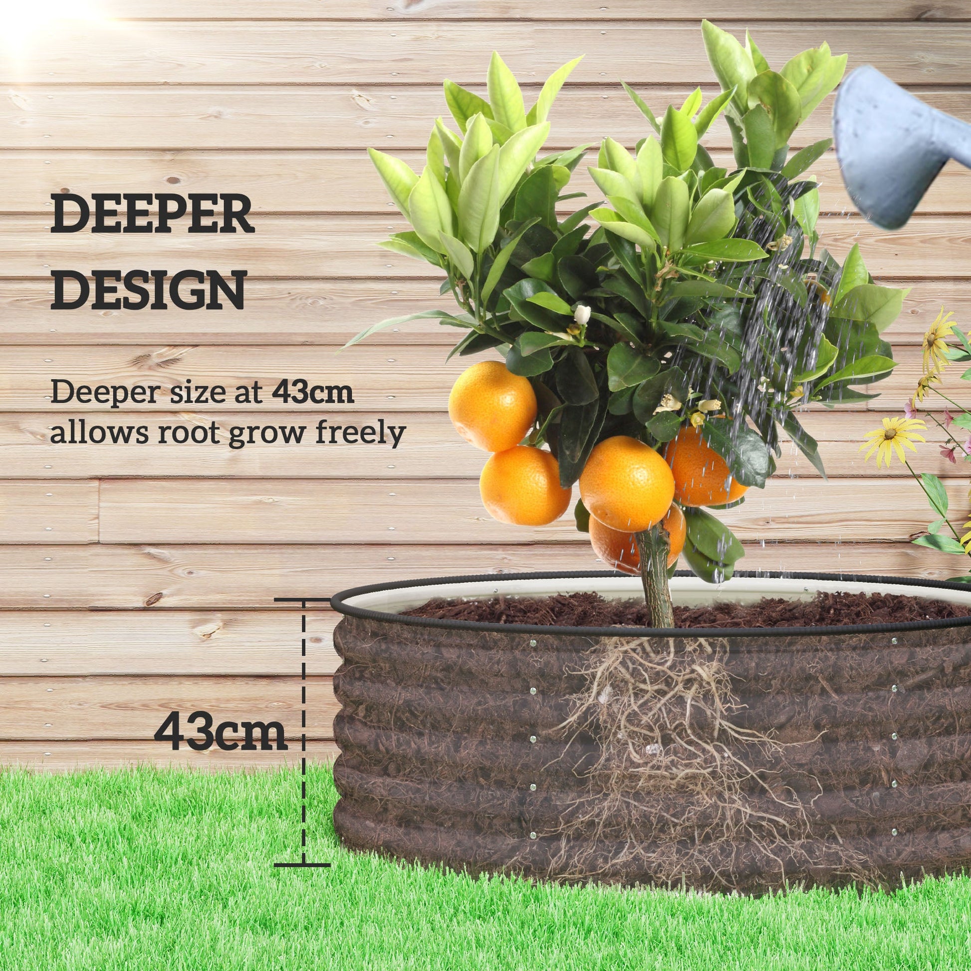 Galvanised Raised Garden Bed with Safety Edging, Outdoor Raised Planter Box with Gloves and Open Bottom, Metal Raised Bed for Flowers, Vegetables and Herbs, 120 x 120 x 43cm, Cream White