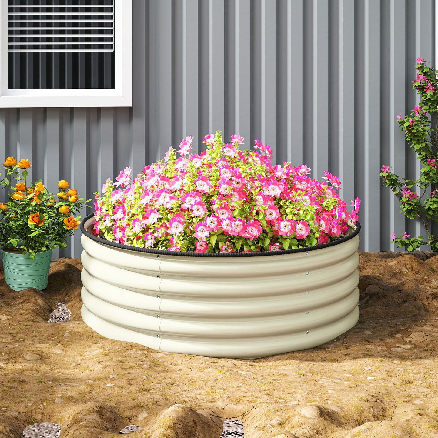 Galvanised Raised Garden Bed with Safety Edging, Outdoor Raised Planter Box with Gloves and Open Bottom, Metal Raised Bed for Flowers, Vegetables and Herbs, 120 x 120 x 43cm, Cream White
