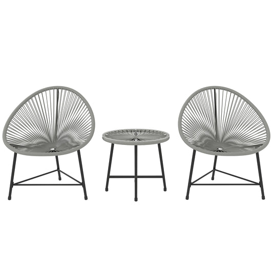 3 Pieces Rattan Bistro Set, Garden Bistro Set with Acapulco Chairs and Glass Top Table, Small Garden Furniture Set with Reinforced Metal Frame for Outdoor, Patio, Balcony, Grey