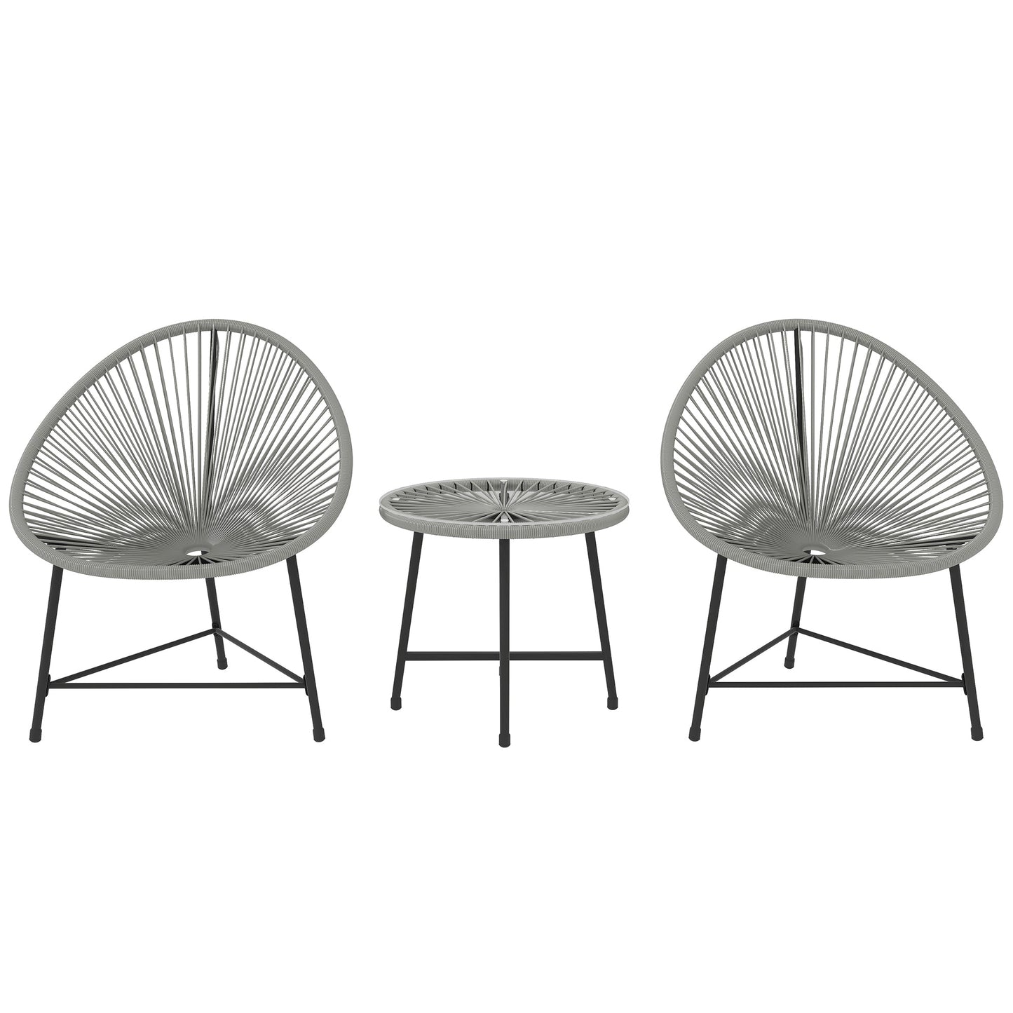 3 Pieces Rattan Bistro Set, Garden Bistro Set with Acapulco Chairs and Glass Top Table, Small Garden Furniture Set with Reinforced Metal Frame for Outdoor, Patio, Balcony, Grey
