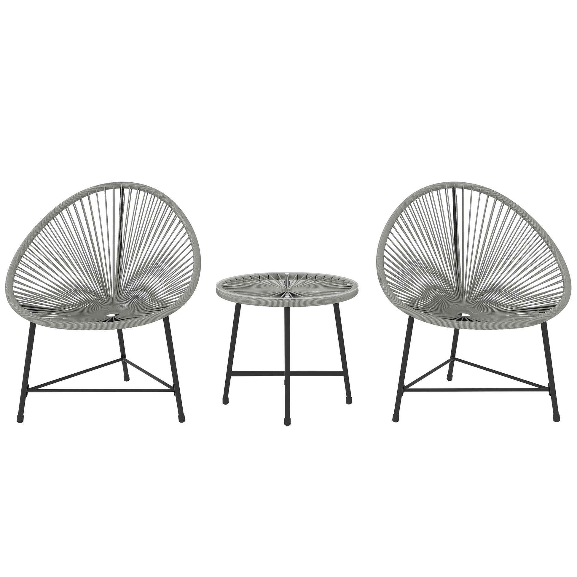 3 Pieces Rattan Bistro Set, Garden Bistro Set with Acapulco Chairs and Glass Top Table, Small Garden Furniture Set with Reinforced Metal Frame for Outdoor, Patio, Balcony, Grey