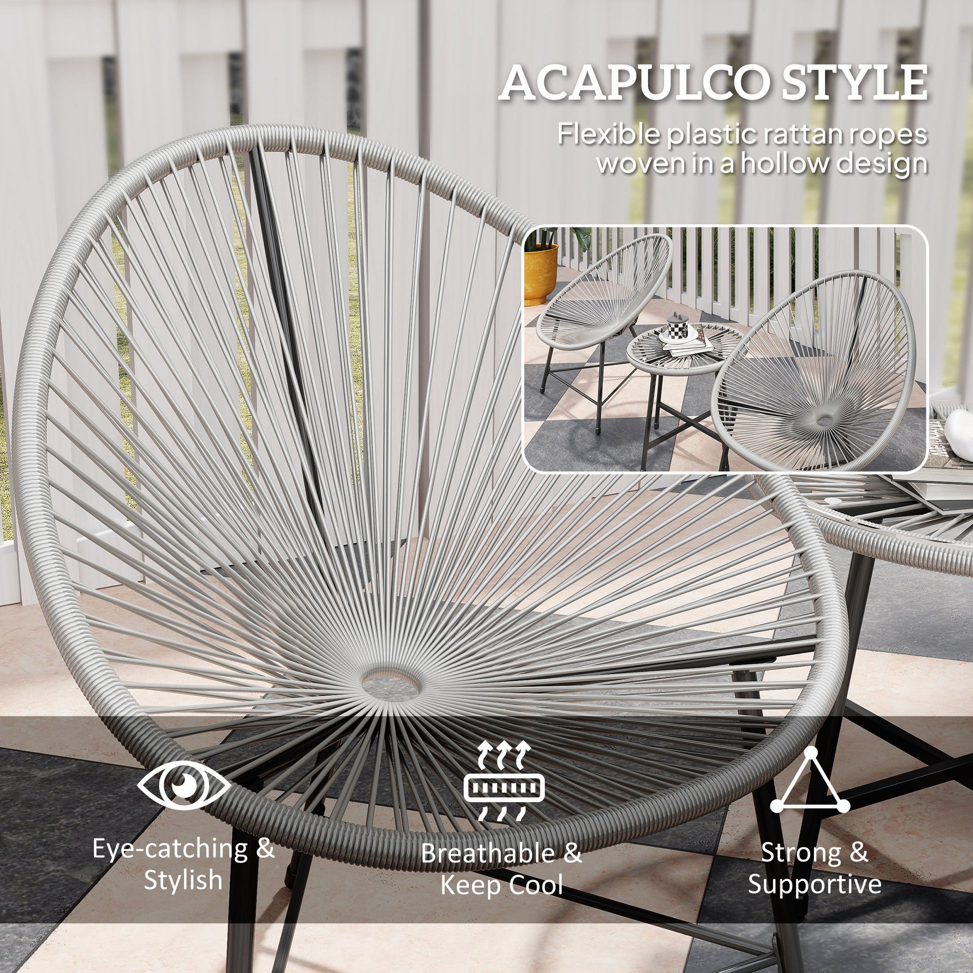 3 Pieces Rattan Bistro Set, Garden Bistro Set with Acapulco Chairs and Glass Top Table, Small Garden Furniture Set with Reinforced Metal Frame for Outdoor, Patio, Balcony, Grey