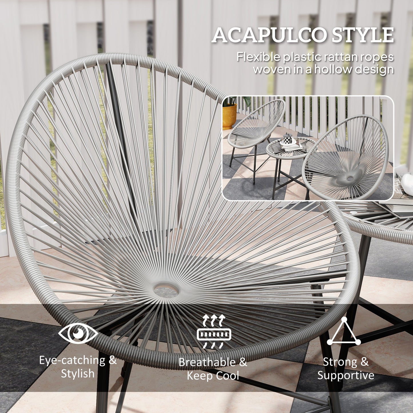3 Pieces Rattan Bistro Set, Garden Bistro Set with Acapulco Chairs and Glass Top Table, Small Garden Furniture Set with Reinforced Metal Frame for Outdoor, Patio, Balcony, Grey