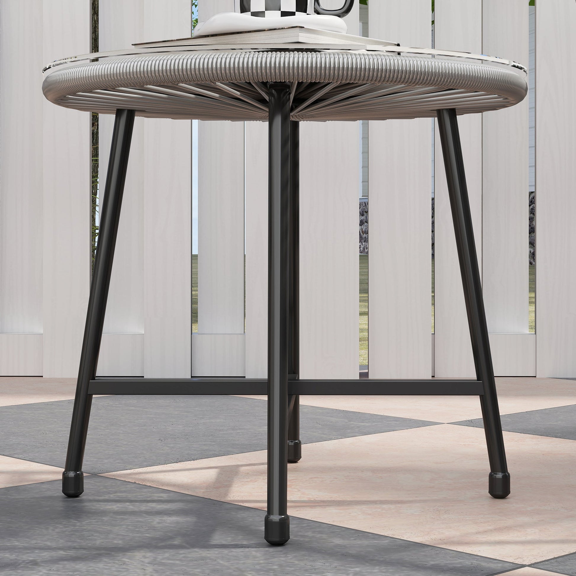 3 Pieces Rattan Bistro Set, Garden Bistro Set with Acapulco Chairs and Glass Top Table, Small Garden Furniture Set with Reinforced Metal Frame for Outdoor, Patio, Balcony, Grey