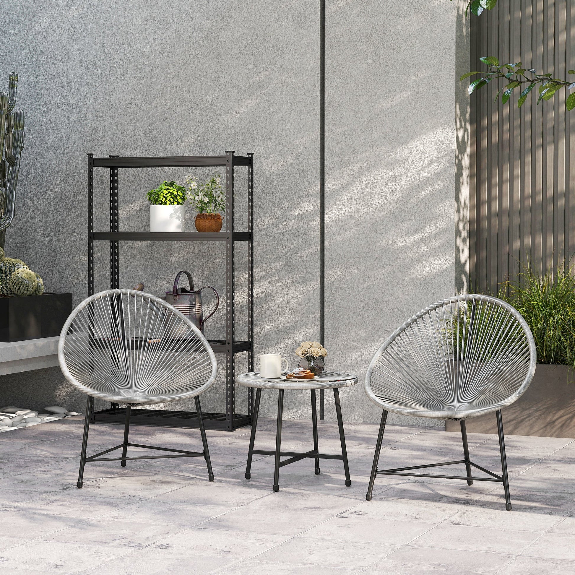 3 Pieces Rattan Bistro Set, Garden Bistro Set with Acapulco Chairs and Glass Top Table, Small Garden Furniture Set with Reinforced Metal Frame for Outdoor, Patio, Balcony, Grey