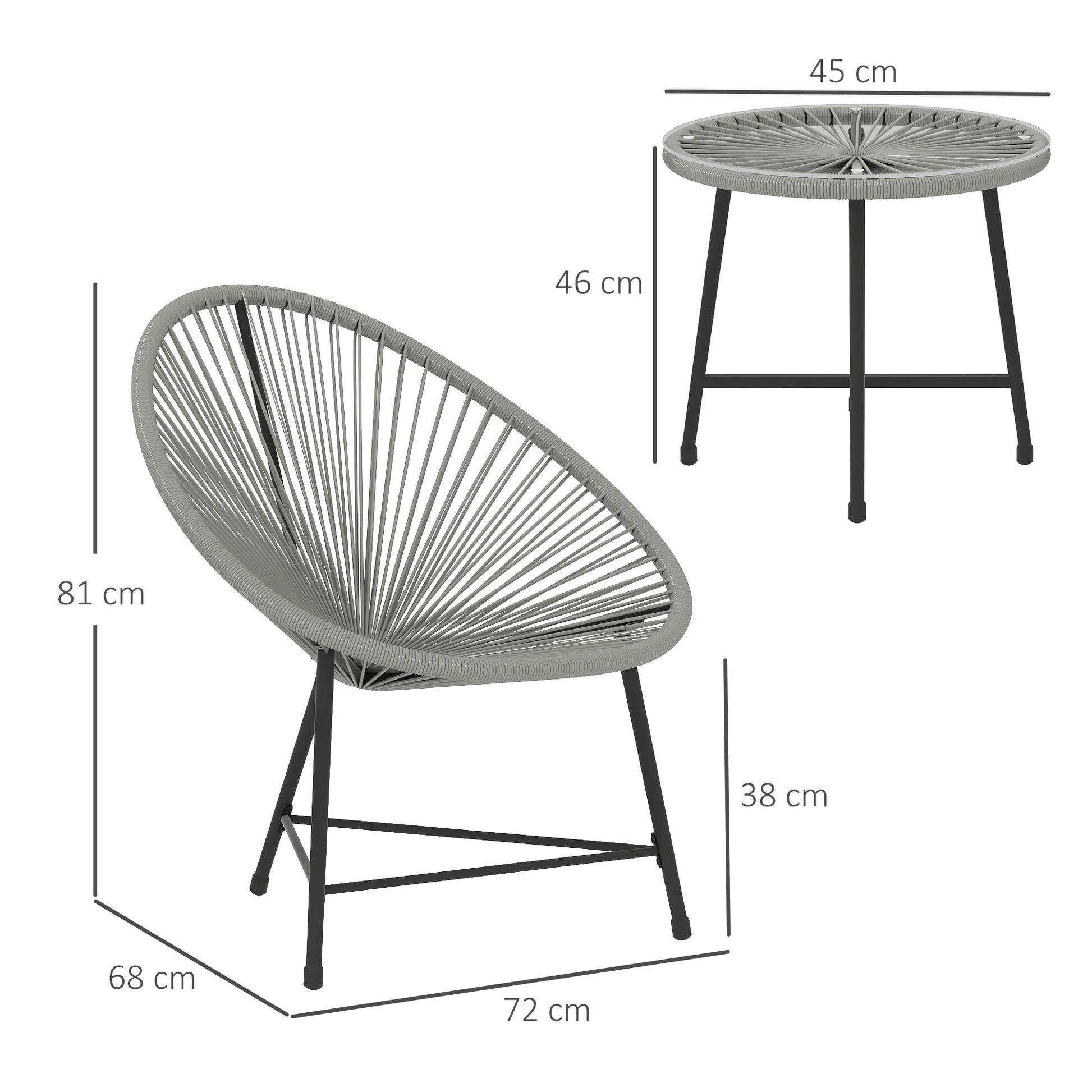 3 Pieces Rattan Bistro Set, Garden Bistro Set with Acapulco Chairs and Glass Top Table, Small Garden Furniture Set with Reinforced Metal Frame for Outdoor, Patio, Balcony, Grey