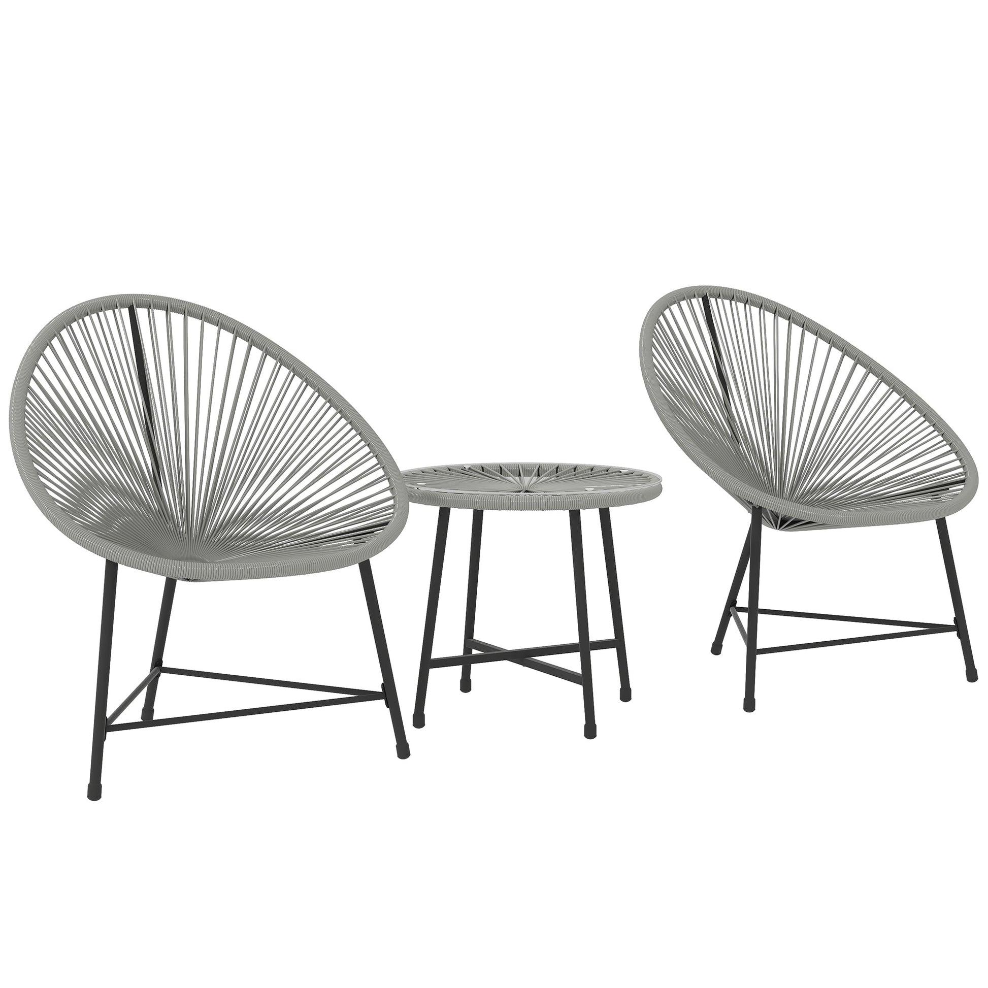 3 Pieces Rattan Bistro Set, Garden Bistro Set with Acapulco Chairs and Glass Top Table, Small Garden Furniture Set with Reinforced Metal Frame for Outdoor, Patio, Balcony, Grey