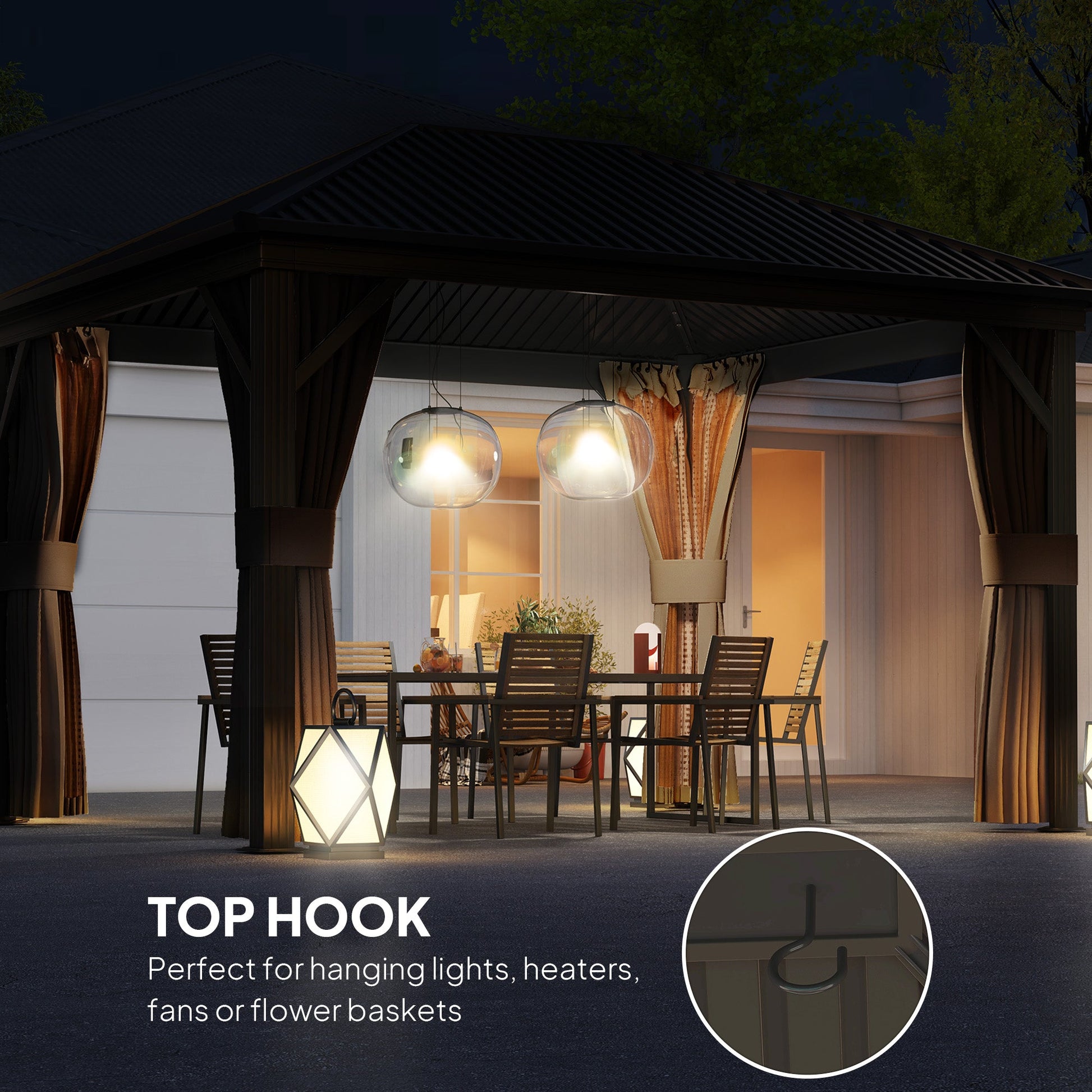 3 x 3.6m Outdoor Hardtop Gazebo Metal Roof Patio Gazebo with Aluminium Frame, Mesh Nettings, Curtains, & Roomy Interior Space, Brown