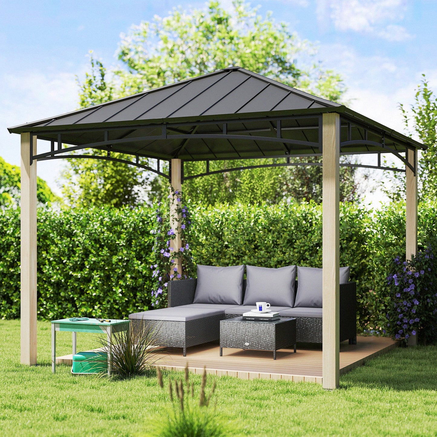 3 x 3(m) Hardtop Gazebo Canopy with Galvanised Metal Roof, Garden Gazebo Permanent Pavilion with Wood Grain Strong Columns and Top Hook for Patio, Deck