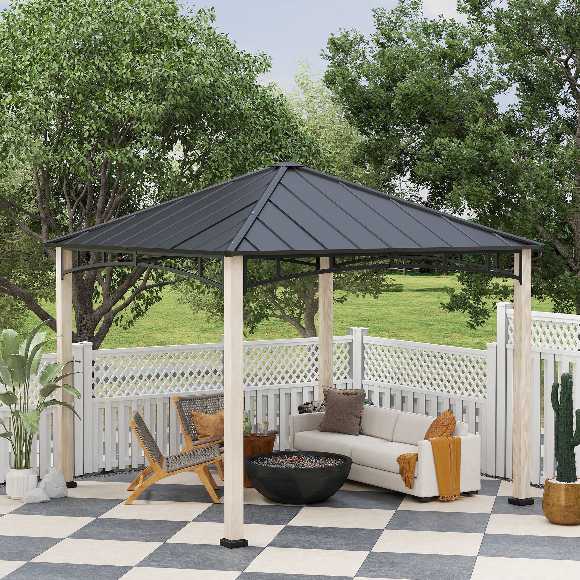 3 x 3(m) Hardtop Gazebo Canopy with Galvanised Metal Roof, Garden Gazebo Permanent Pavilion with Wood Grain Strong Columns and Top Hook for Patio, Deck