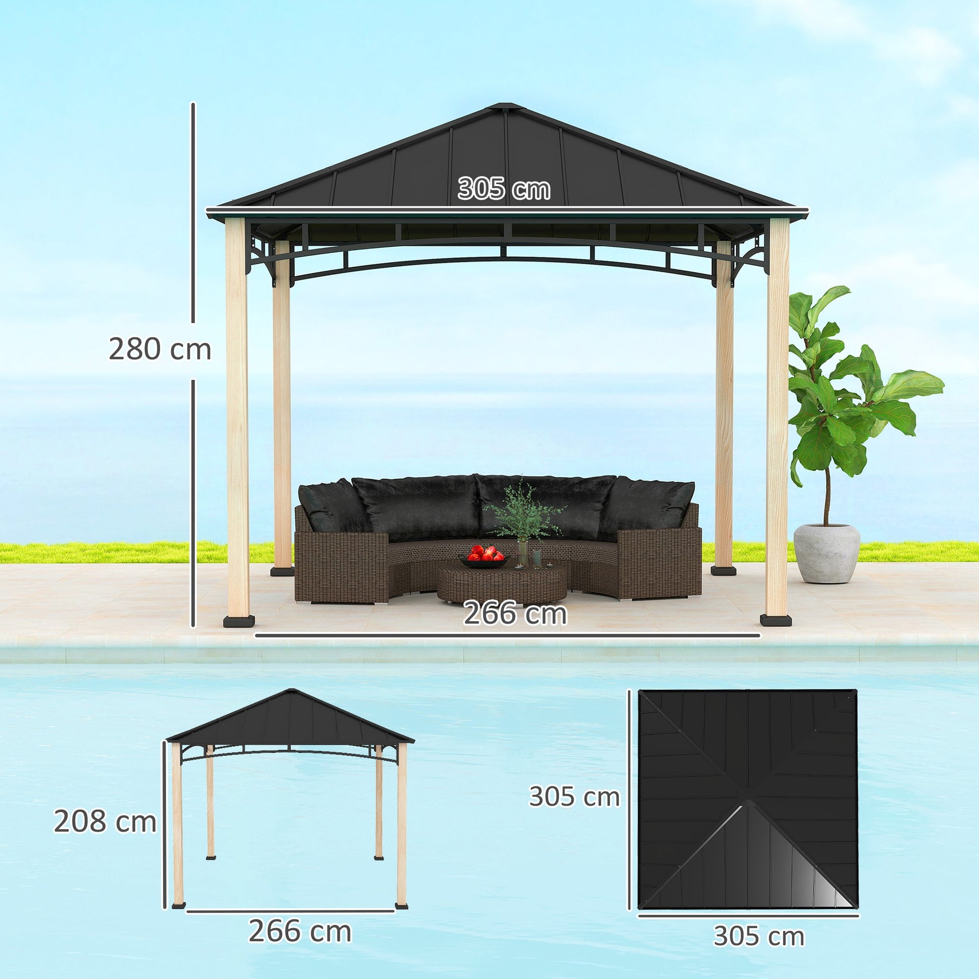 3 x 3(m) Hardtop Gazebo Canopy with Galvanised Metal Roof, Garden Gazebo Permanent Pavilion with Wood Grain Strong Columns and Top Hook for Patio, Deck