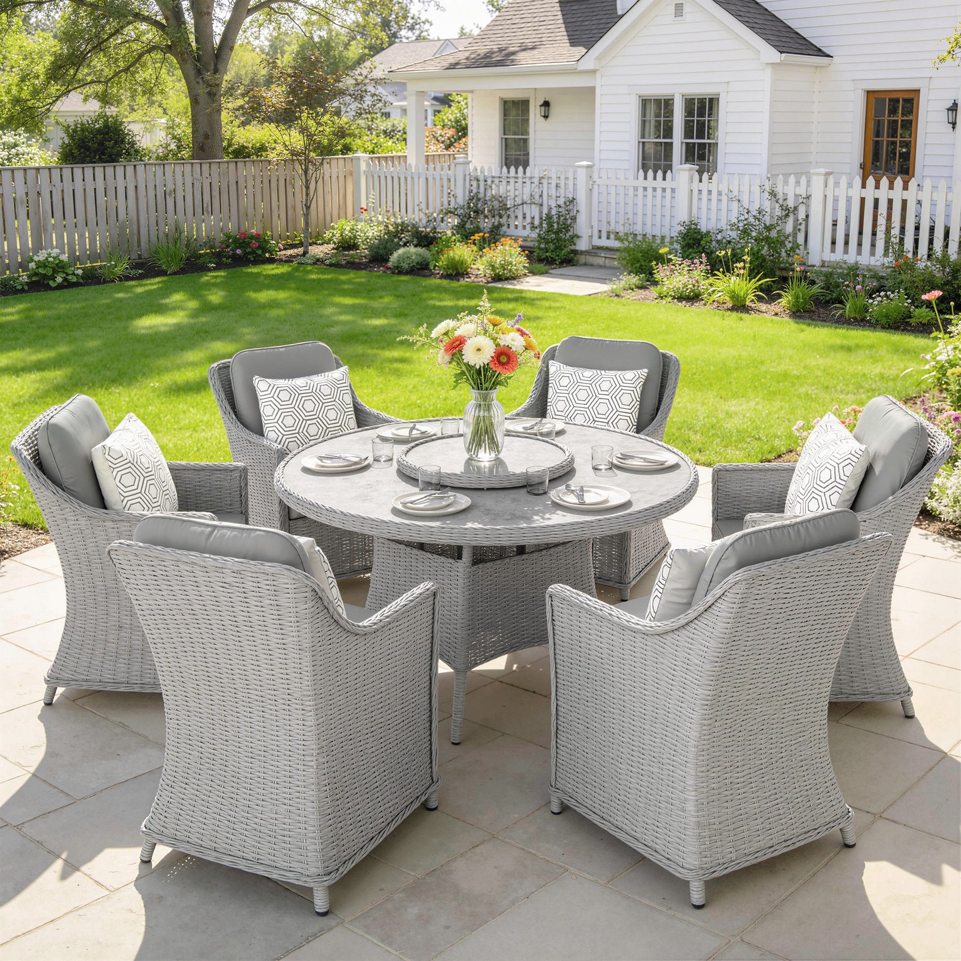 6 Seater Rattan Garden Dining Set with Lazy Susan, Round Garden Table and Chairs with Marble Effect Glass Table, Cushions and Pillows, Aluminium Frame Outdoor Furniture Set for Patio, Grey