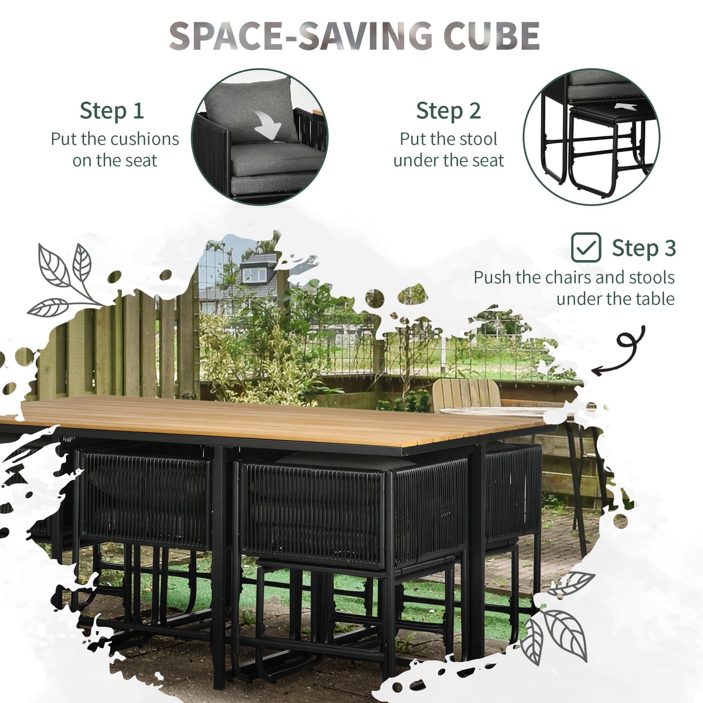10 Seater Rattan Cube Garden Furniture Set, Rattan Dining Set with Cushions, Outdoor Dining Table and Chairs with 6 Armchairs, 4 Stools, Rectangular Wood Grain Plastic Top Table, Black