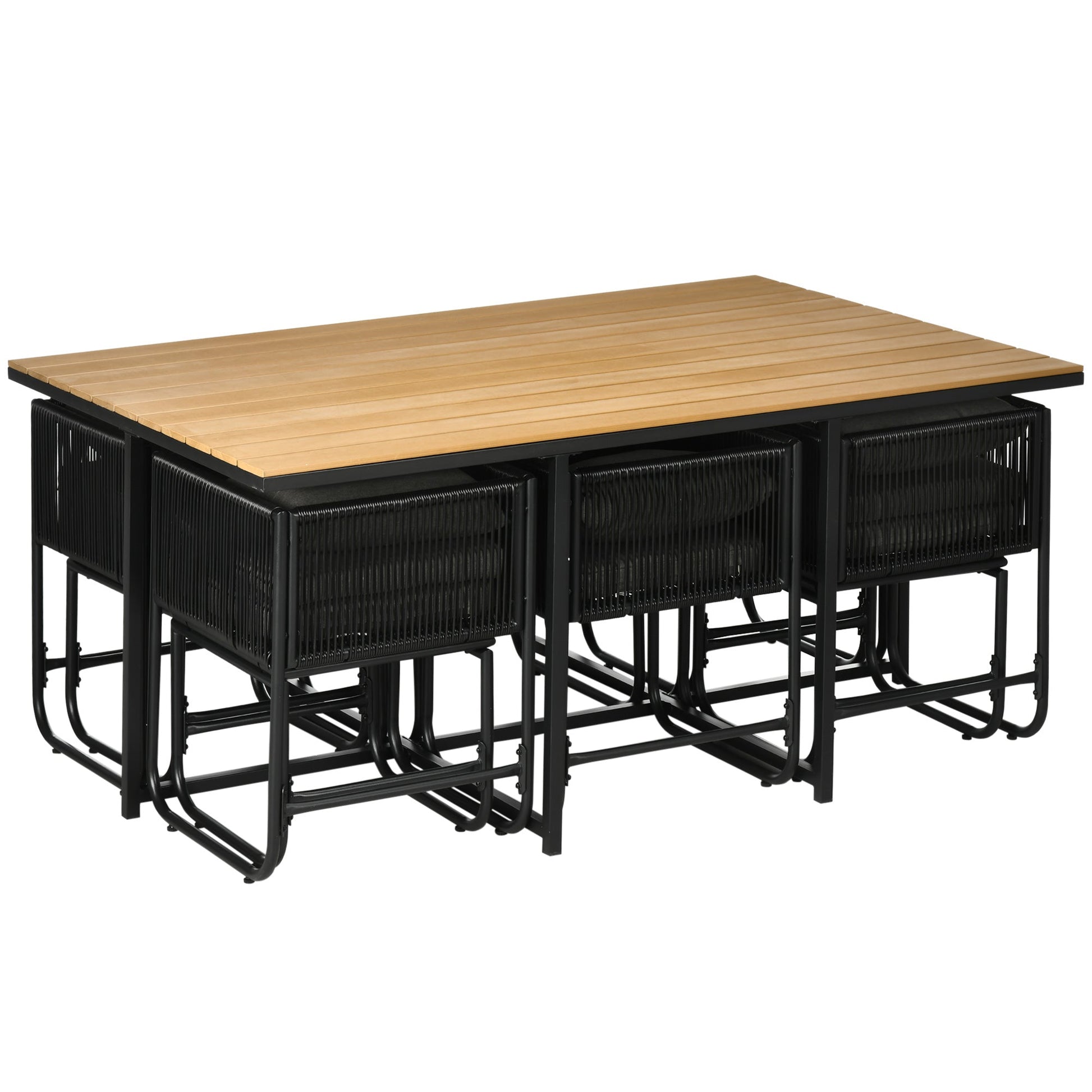 10 Seater Rattan Cube Garden Furniture Set, Rattan Dining Set with Cushions, Outdoor Dining Table and Chairs with 6 Armchairs, 4 Stools, Rectangular Wood Grain Plastic Top Table, Black