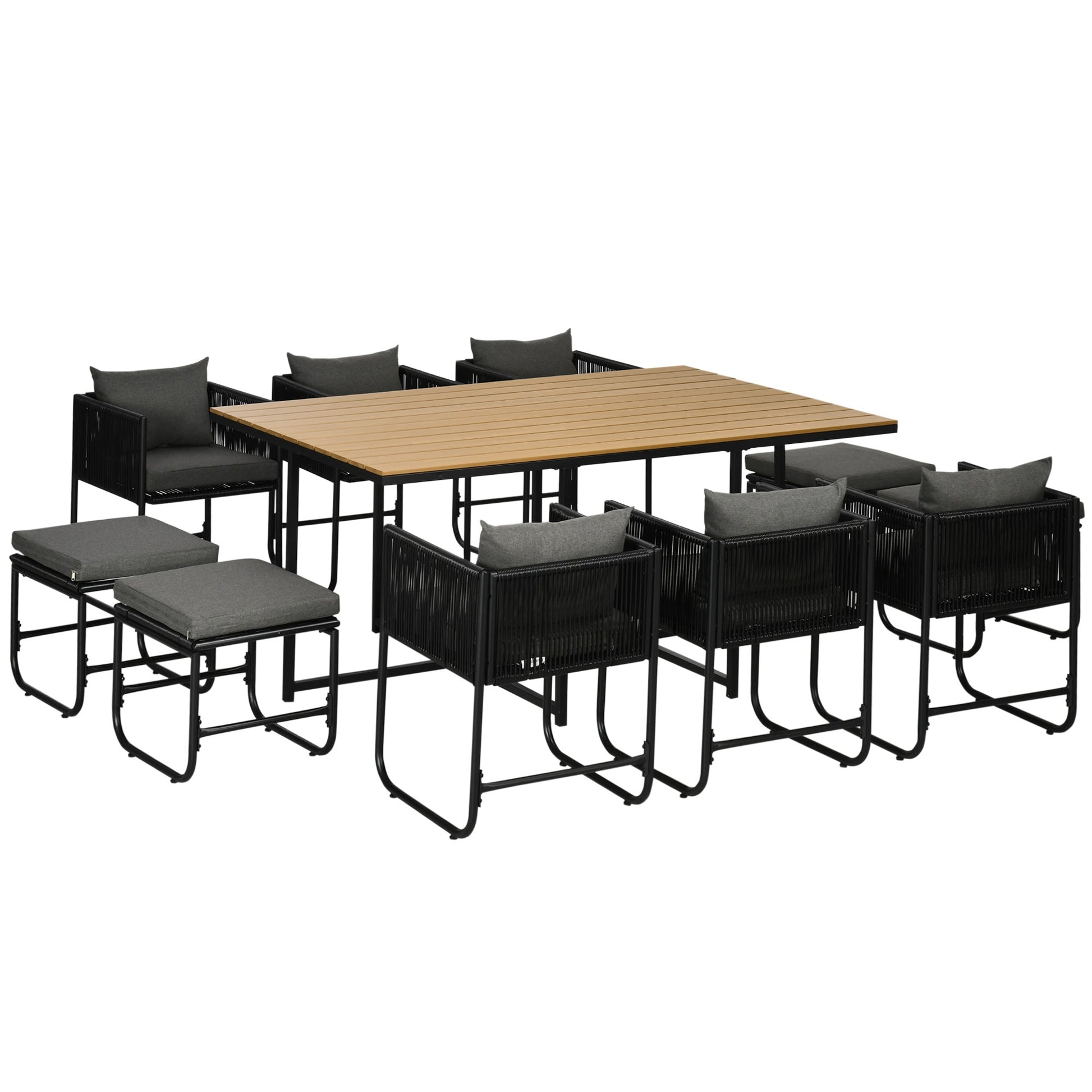 10 Seater Rattan Cube Garden Furniture Set, Rattan Dining Set with Cushions, Outdoor Dining Table and Chairs with 6 Armchairs, 4 Stools, Rectangular Wood Grain Plastic Top Table, Black