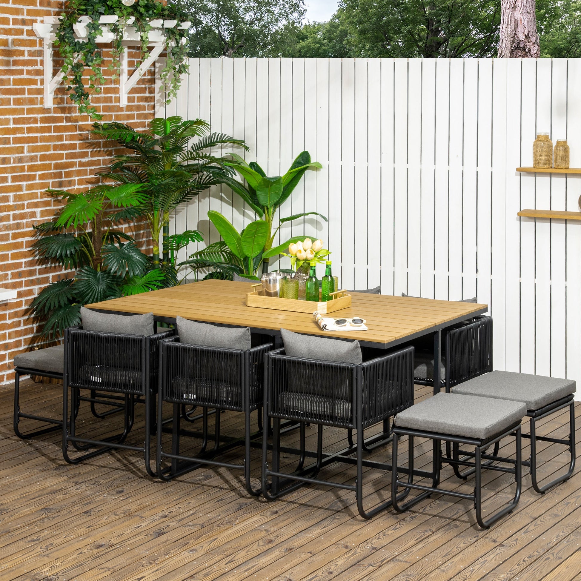 10 Seater Rattan Cube Garden Furniture Set, Rattan Dining Set with Cushions, Outdoor Dining Table and Chairs with 6 Armchairs, 4 Stools, Rectangular Wood Grain Plastic Top Table, Black