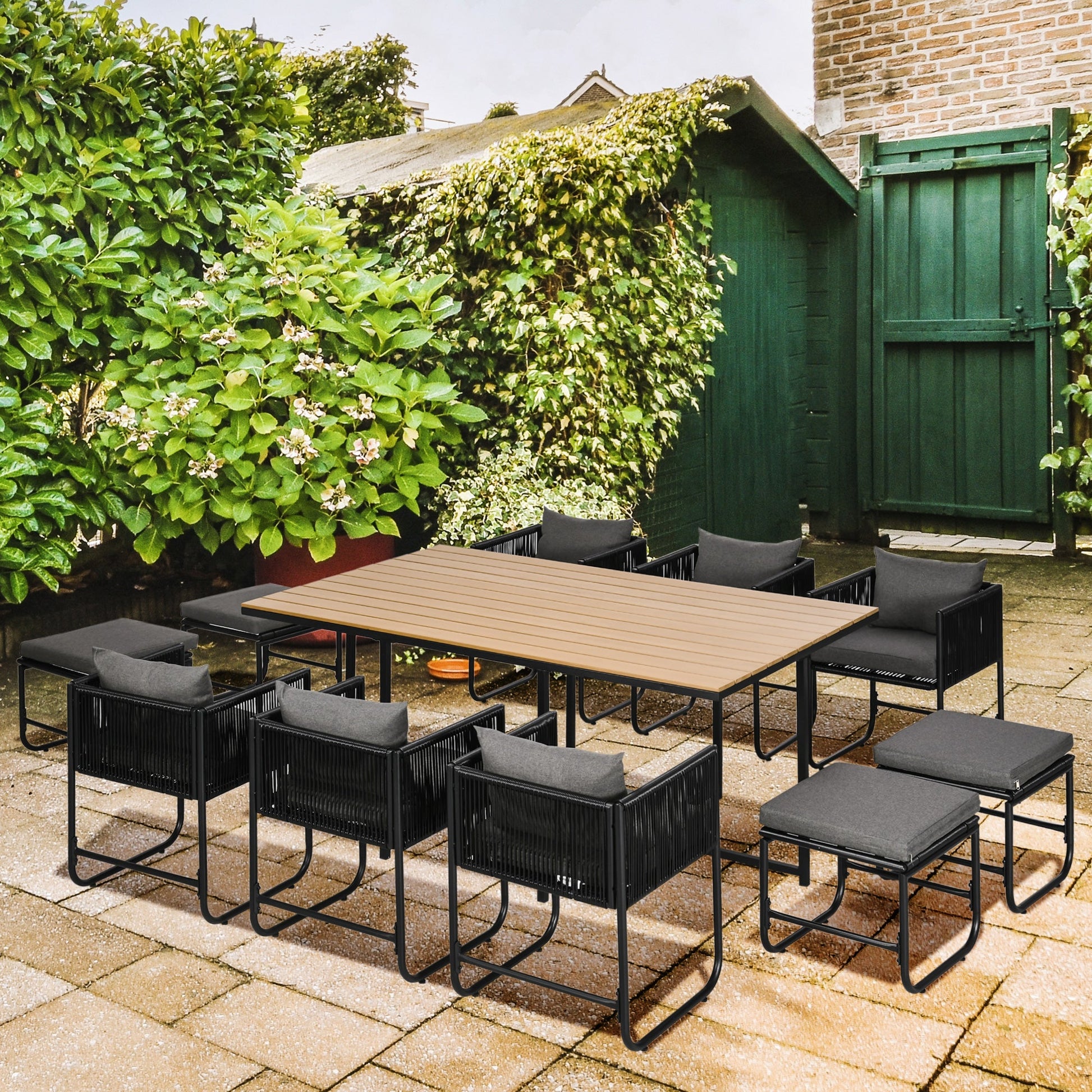 10 Seater Rattan Cube Garden Furniture Set, Rattan Dining Set with Cushions, Outdoor Dining Table and Chairs with 6 Armchairs, 4 Stools, Rectangular Wood Grain Plastic Top Table, Black
