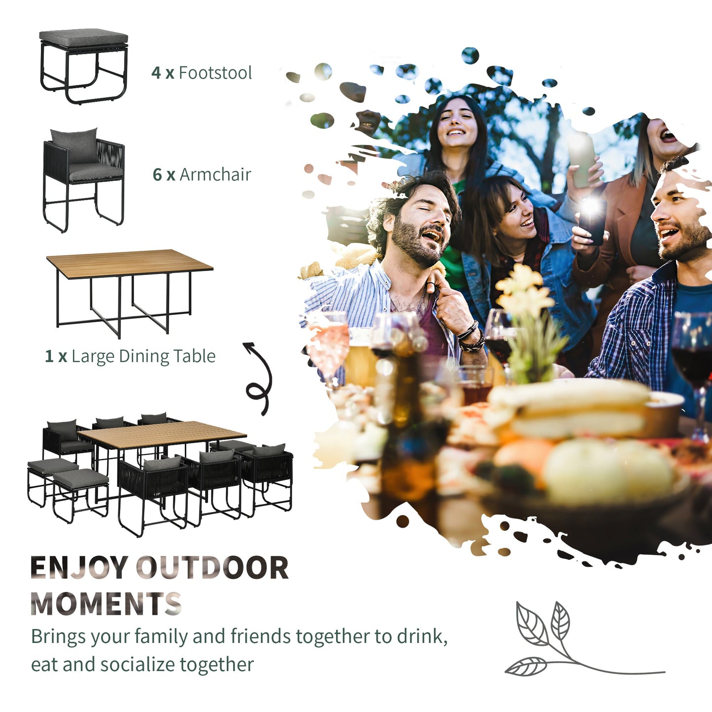 10 Seater Rattan Cube Garden Furniture Set, Rattan Dining Set with Cushions, Outdoor Dining Table and Chairs with 6 Armchairs, 4 Stools, Rectangular Wood Grain Plastic Top Table, Black