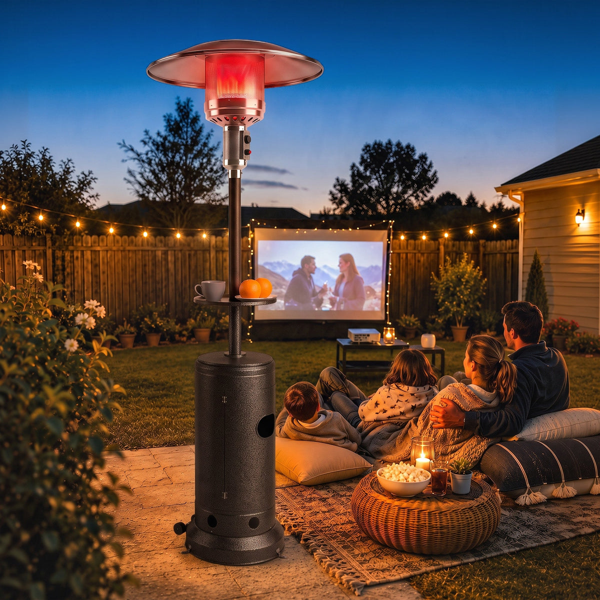 Gas Patio Heater with Table Tray, 13 kW Portable Propane Outdoor Heater with Stepless Heat Control, Piezo Ignition, Tip-over Protection, 2 Wheels for Garden, Brown