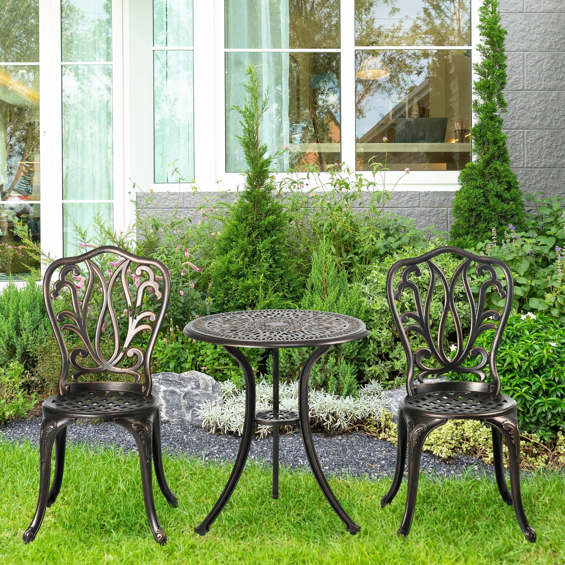 3 Piece Garden Bistro Set, Cast Aluminium Outdoor Furniture Set with Umbrella Hole for Balcony, Porch, Patio, Bronze Tone