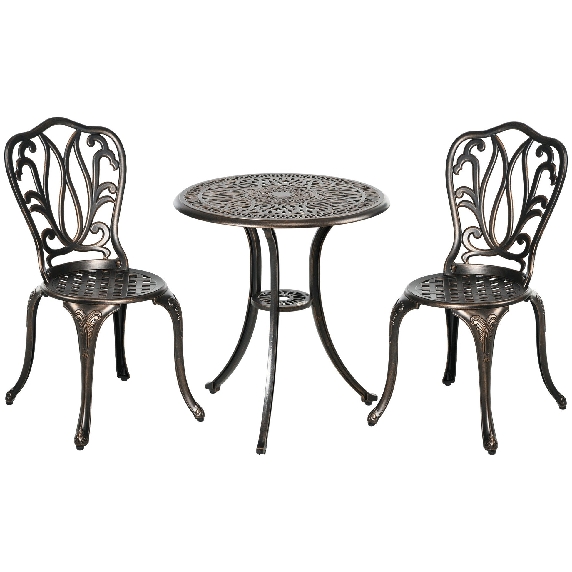 3 Piece Garden Bistro Set, Cast Aluminium Outdoor Furniture Set with Umbrella Hole for Balcony, Porch, Patio, Bronze Tone