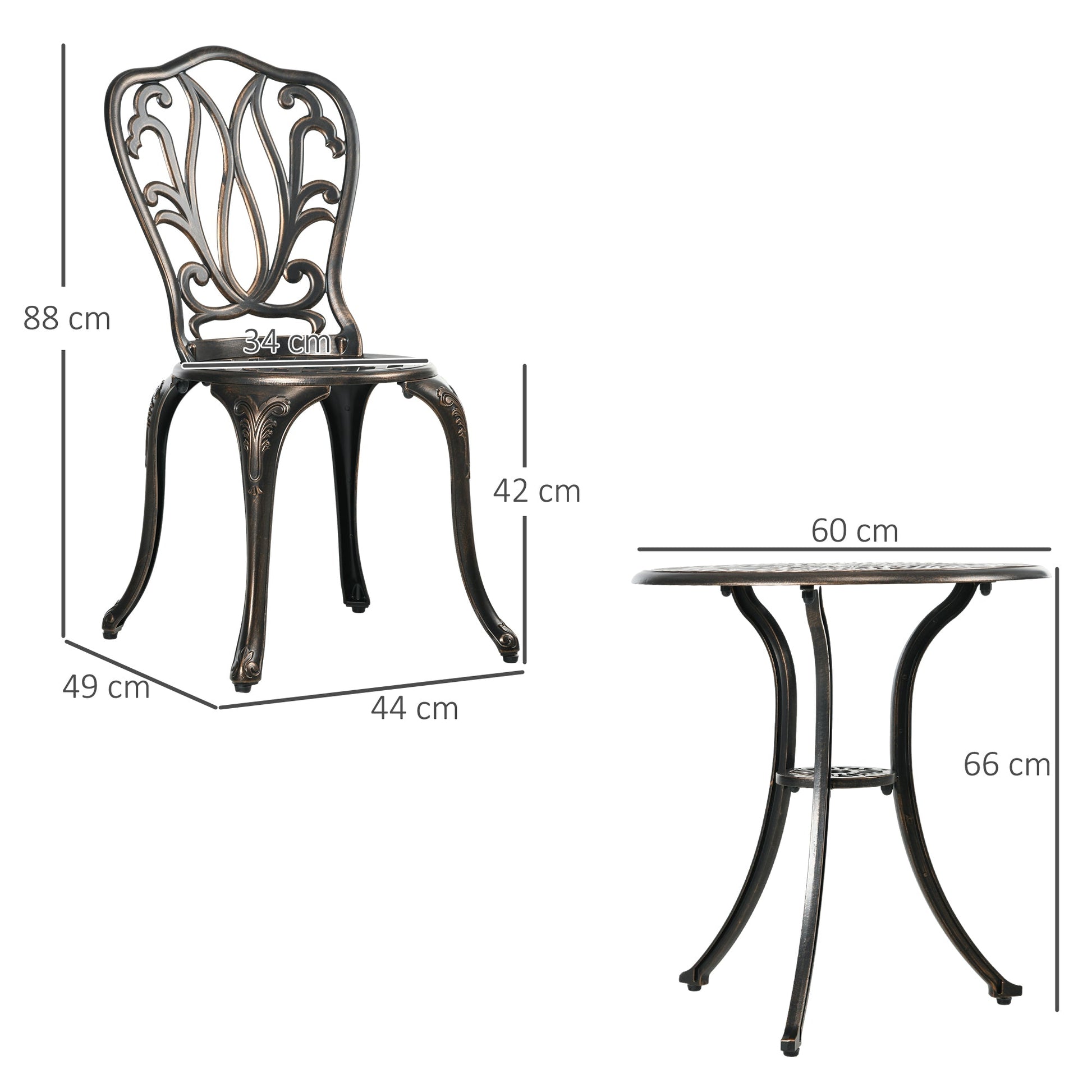 3 Piece Garden Bistro Set, Cast Aluminium Outdoor Furniture Set with Umbrella Hole for Balcony, Porch, Patio, Bronze Tone