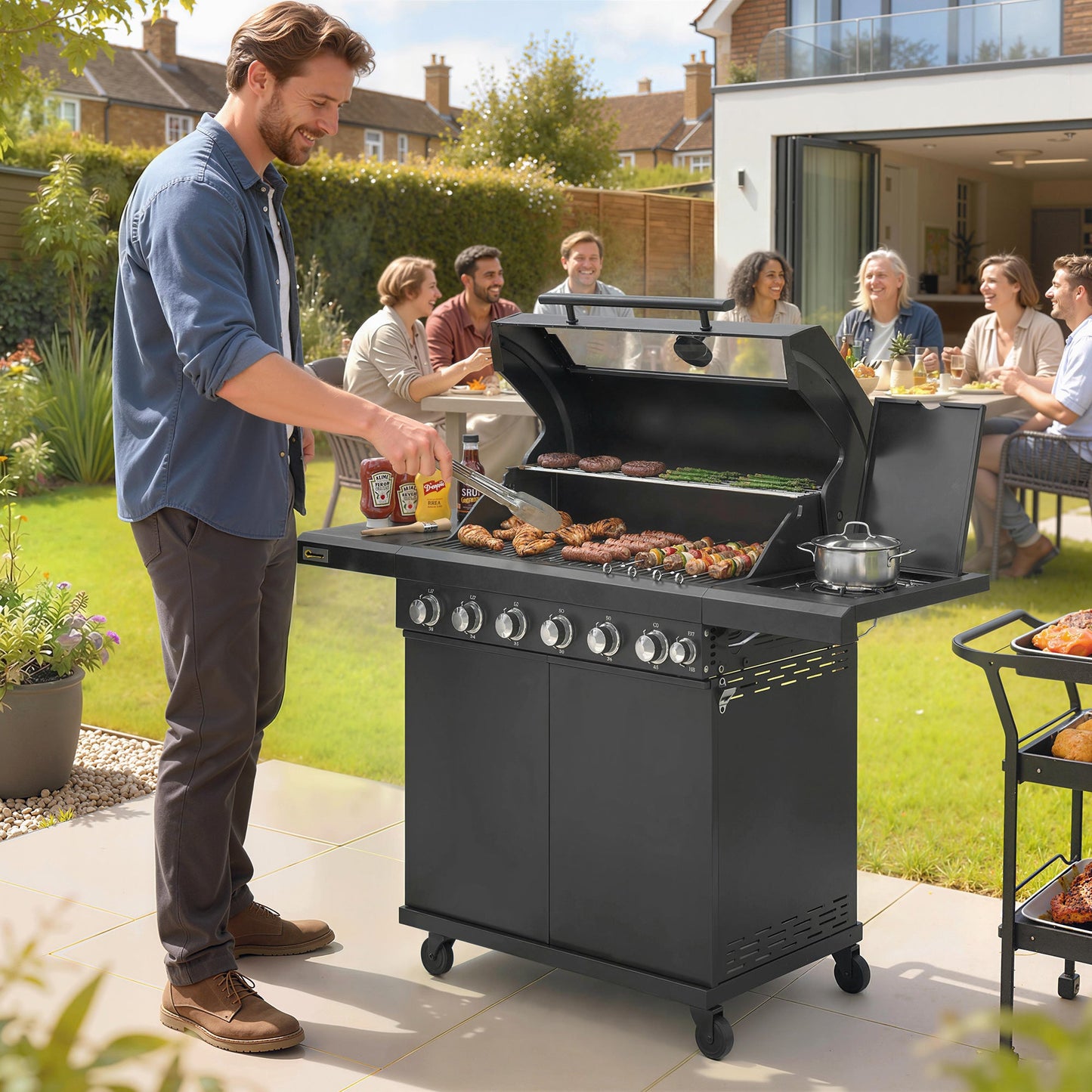 6+1 Burner Gas BBQ Grill, Portable Outdoor Barbecue Trolley with Wheels, Warming Rack, Built-in Thermometer, Side Shelves, Cabinet, Bottle Opener, Lid with Viewing Window, Black