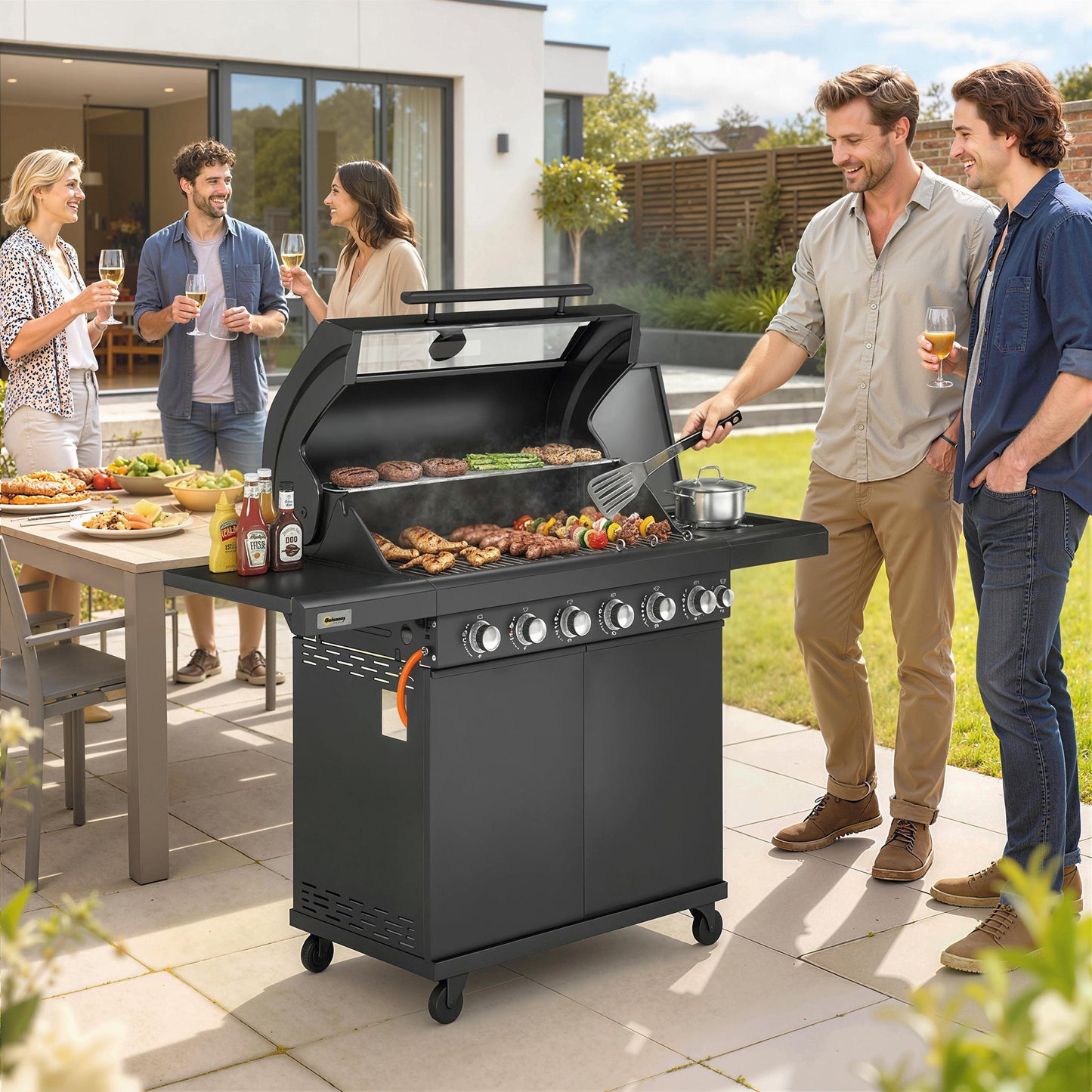6+1 Burner Gas BBQ Grill, Portable Outdoor Barbecue Trolley with Wheels, Warming Rack, Built-in Thermometer, Side Shelves, Cabinet, Bottle Opener, Lid with Viewing Window, Black