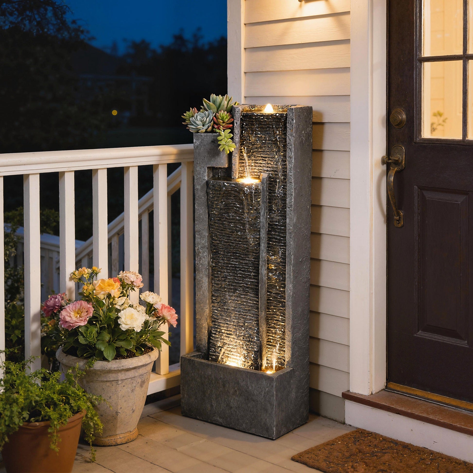 Water Feature with LED Lights and Planter, 3-Tier Garden Water Fountain with Pump, Resin Freestanding Waterfall Feature for Patio Garden, Dark Grey