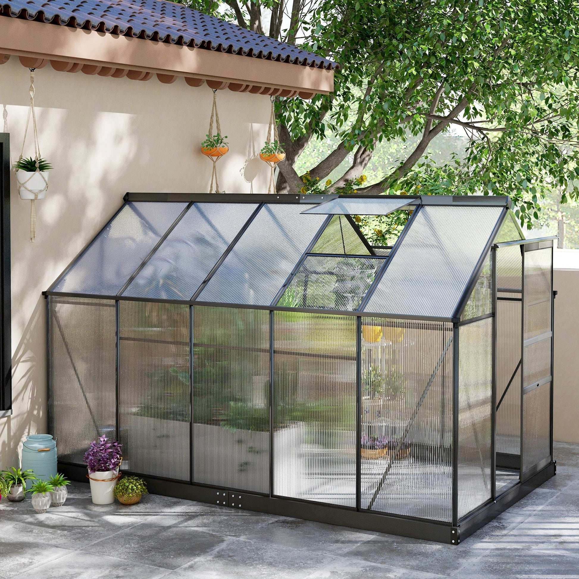 6 x 10ft Polycarbonate Greenhouse, Large Walk-In Green House with Slide Door and Window, Garden Plants Grow House with Aluminium Frame and Foundation, Grey